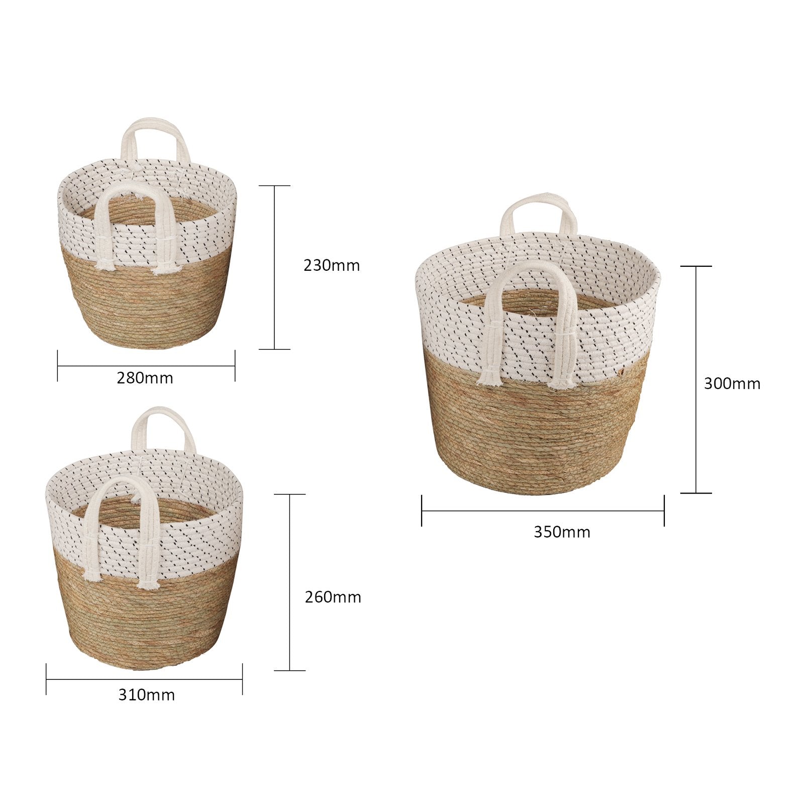 3 Piece Cotton Rope Stripe Carry Handles Storage Baskets Set 4