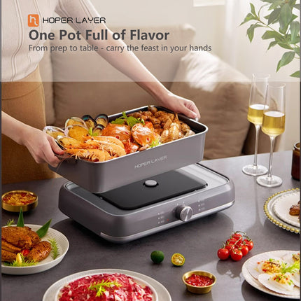 HOPER LAYER Electric Hot Pot 6L – Multifunctional Nonstick Cooker with Grill, Boil, Simmer & Fry Modes 2000W Power, Square Removable Pot 3
