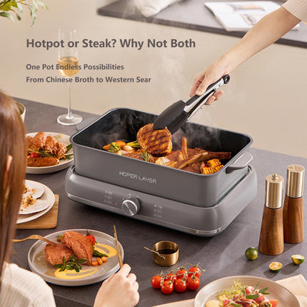 HOPER LAYER Electric Hot Pot 6L – Multifunctional Nonstick Cooker with Grill, Boil, Simmer & Fry Modes 2000W Power, Square Removable Pot 4
