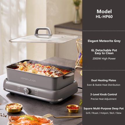 HOPER LAYER Electric Hot Pot 6L – Multifunctional Nonstick Cooker with Grill, Boil, Simmer & Fry Modes 2000W Power, Square Removable Pot 8