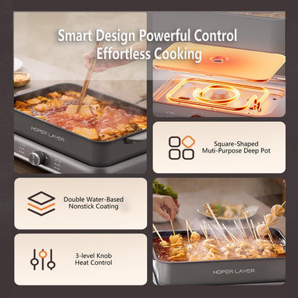 HOPER LAYER Electric Hot Pot 6L – Multifunctional Nonstick Cooker with Grill, Boil, Simmer & Fry Modes 2000W Power, Square Removable Pot 9