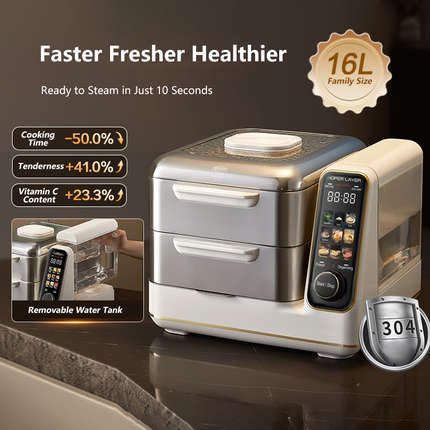 Hoper Layer Electric Food Steamer 16L Large Capacity 10 Second Start 24H Timer Independent Water Tank 7