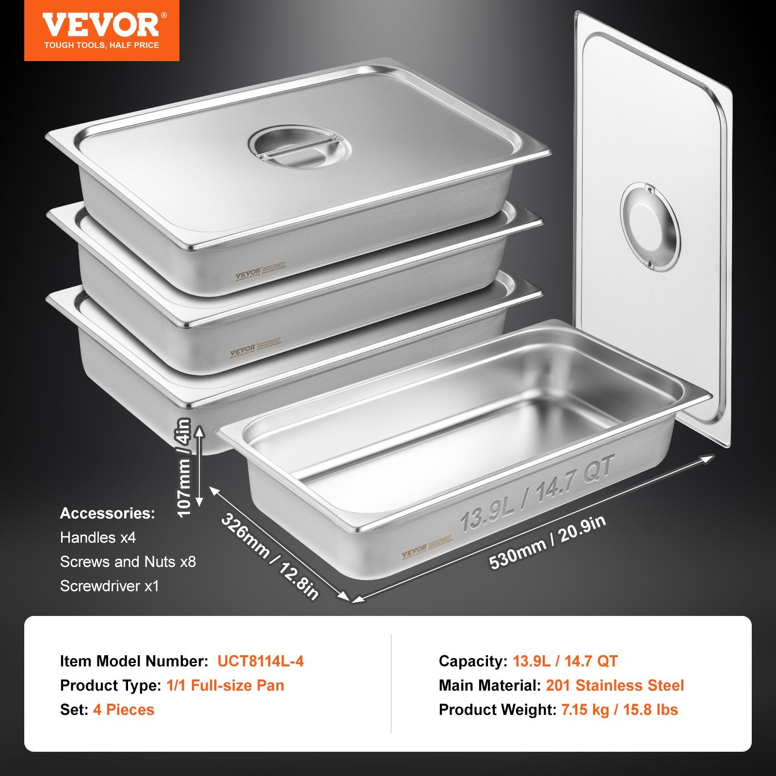 VEVOR 4 Pack Hotel Pans, Full Size Anti-Jam Steam Pan with Lid, 0.8mm Thick Stainless Steel Steam Table Pan, 4-Inch Deep Commercial Table Pan, Catering Storage Food Pan, for Industrial & Scientific 7