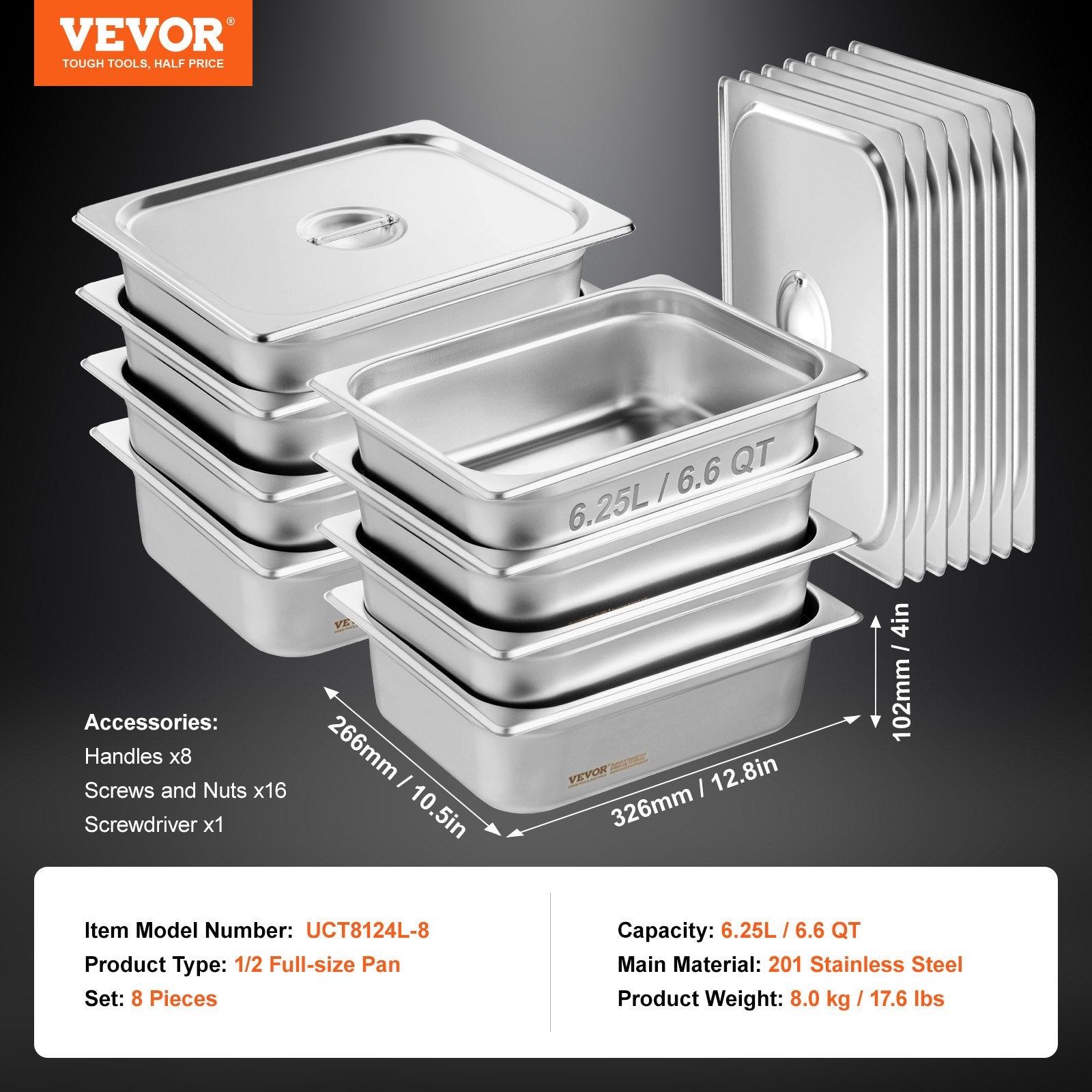 VEVOR 8 Pack Hotel Pans, 1/2 Size Anti-Jam Steam Pan with Lid, 0.8mm Thick Stainless Steel Steam Table Pan, 4-Inch Deep Commercial Table Pan, Catering Storage Food Pan, for Industrial & Scientific 7