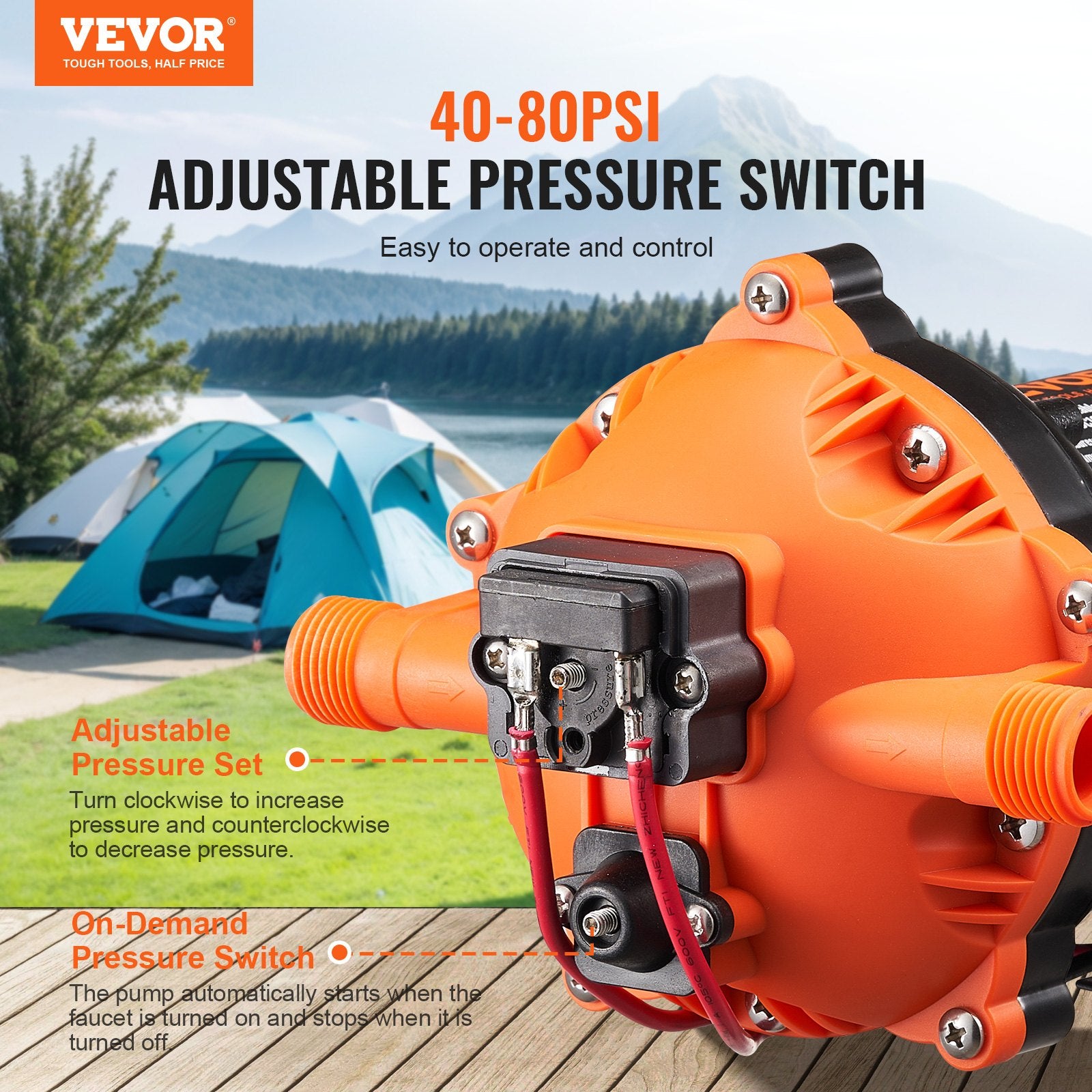 VEVOR Diaphragm Pump 5GPM 18.93 L/min 5-Chamber Water Pump Pressure Switch 3