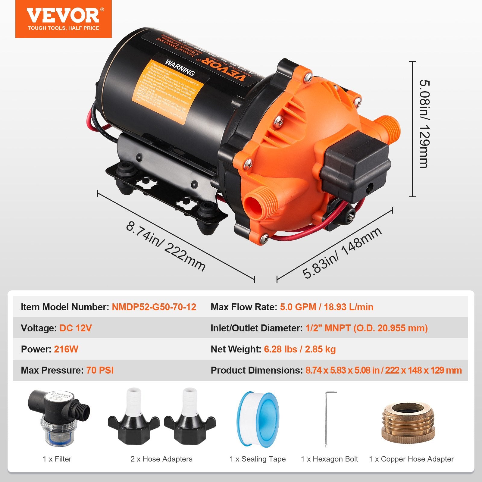 VEVOR Diaphragm Pump 5GPM 18.93 L/min 5-Chamber Water Pump Pressure Switch 7
