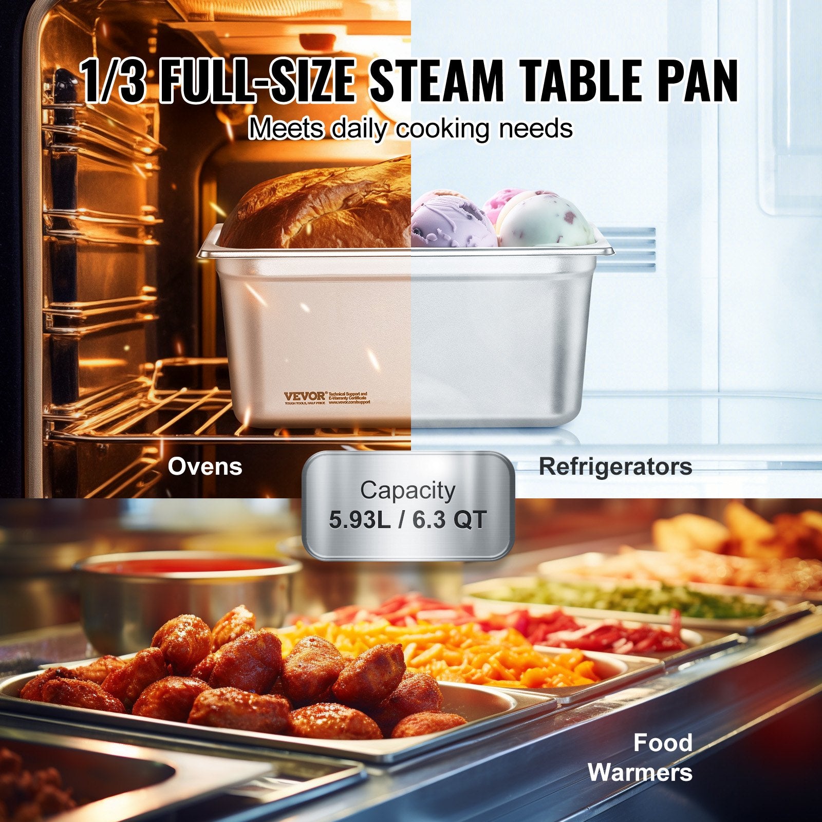 VEVOR 8 Pack Hotel Pans, 1/3 Size Anti-Jam Steam Pan with Lid, 0.8mm Thick Stainless Steel Steam Table Pan, 6-Inch Deep Commercial Table Pan, Catering Storage Food Pan, for Industrial & Scientific 3