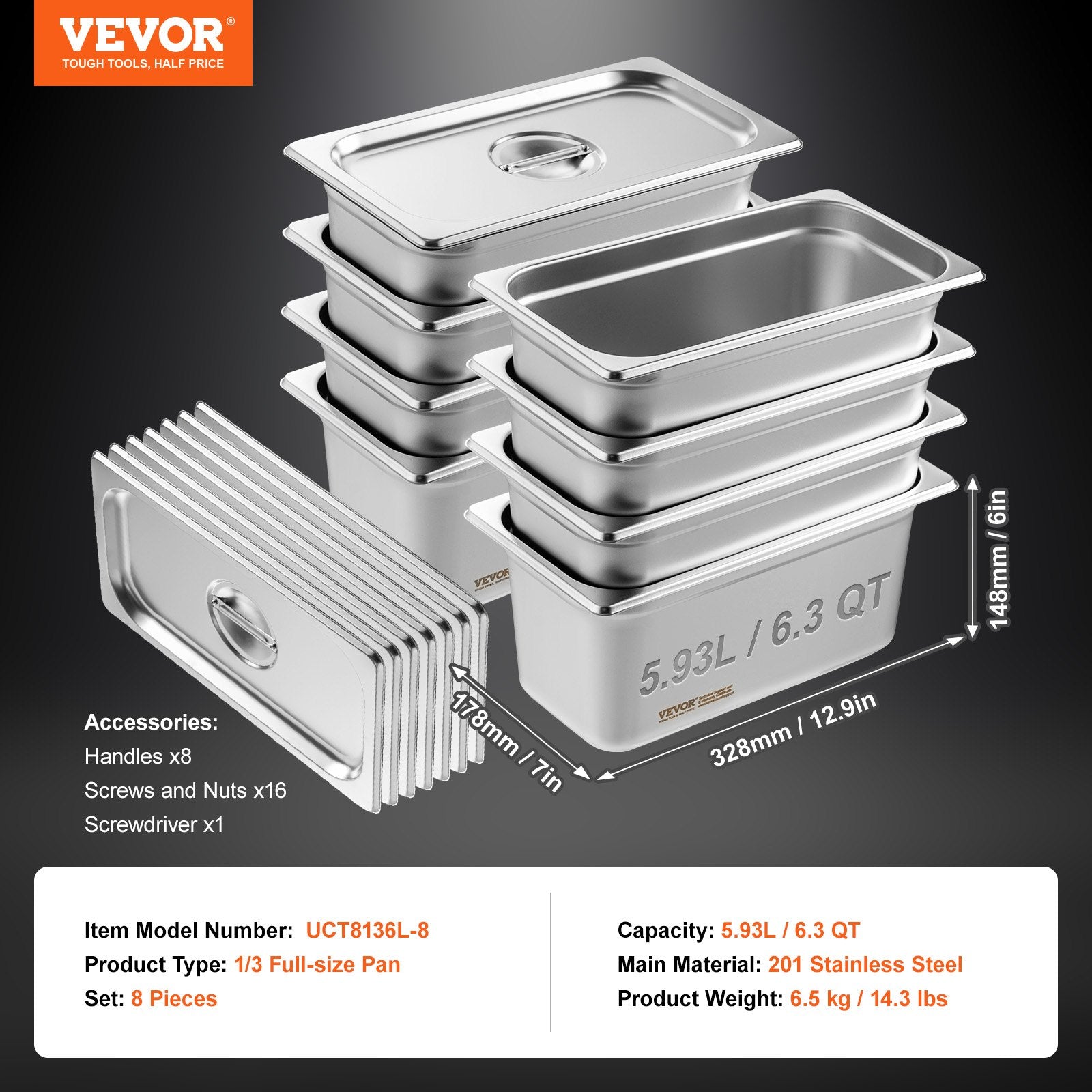 VEVOR 8 Pack Hotel Pans, 1/3 Size Anti-Jam Steam Pan with Lid, 0.8mm Thick Stainless Steel Steam Table Pan, 6-Inch Deep Commercial Table Pan, Catering Storage Food Pan, for Industrial & Scientific 7