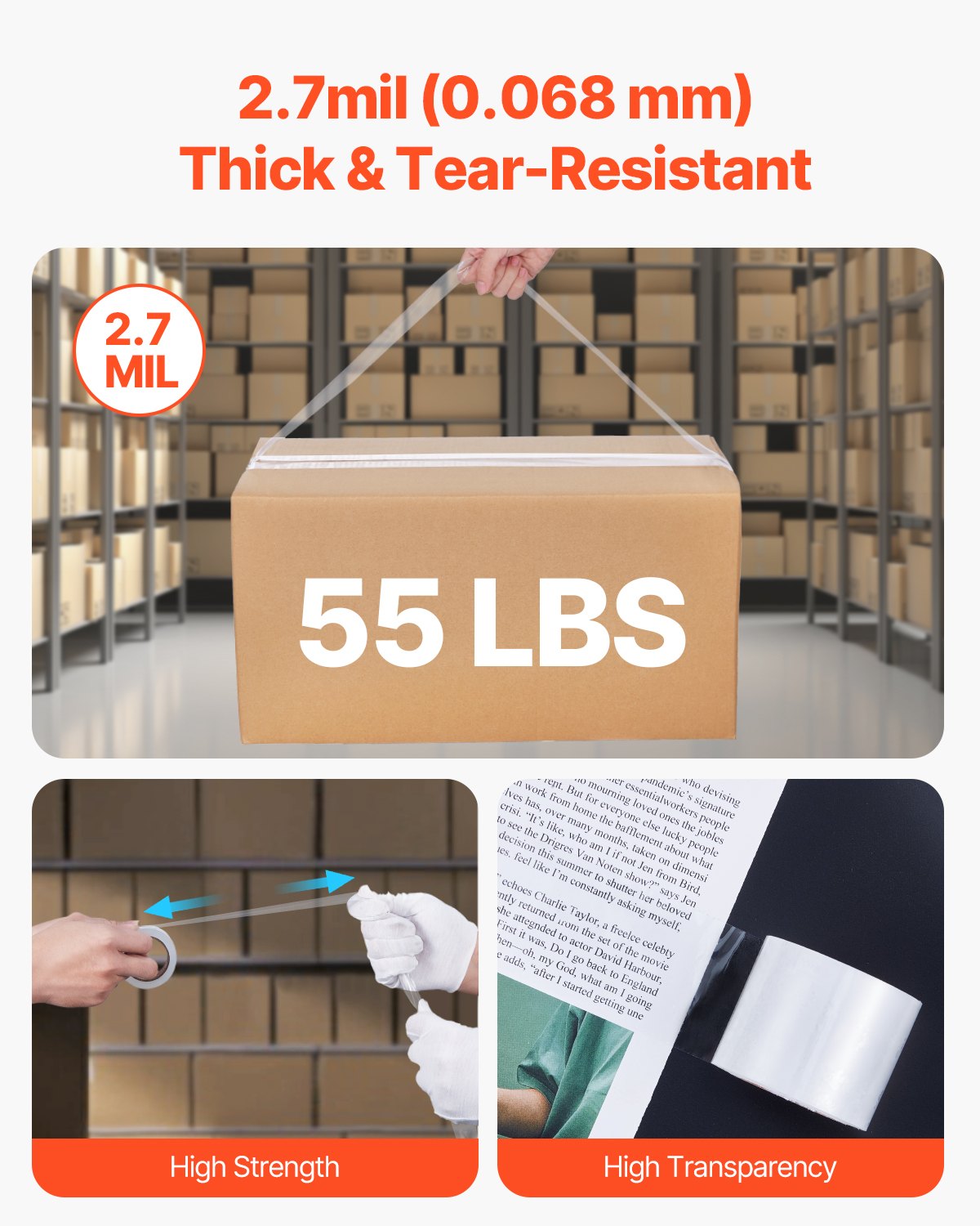 VEVOR Packing Tape 6 Rolls 25 Yards Clear Shipping Tape with Dispenser 2.7 Mil 4