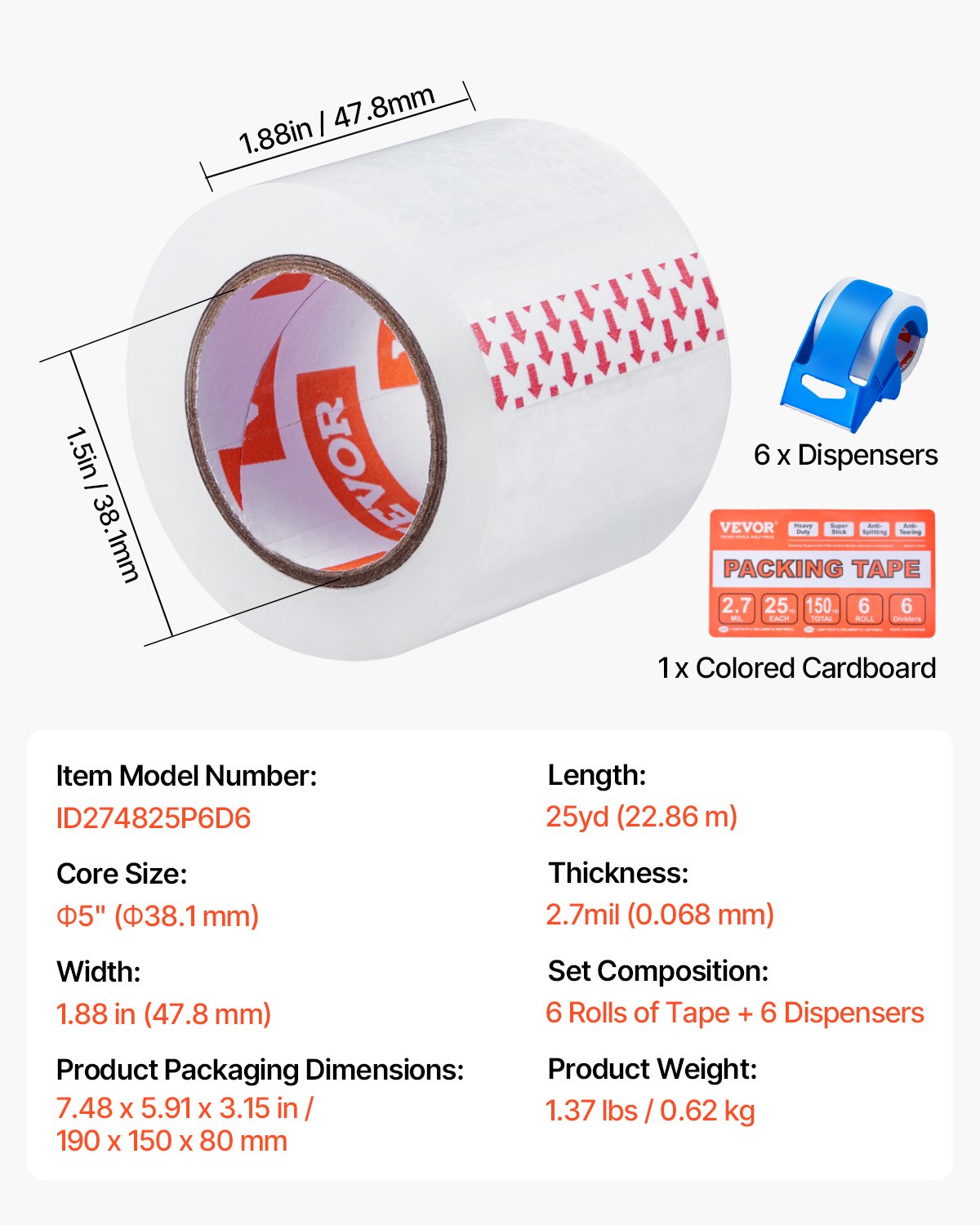 VEVOR Packing Tape 6 Rolls 25 Yards Clear Shipping Tape with Dispenser 2.7 Mil 7