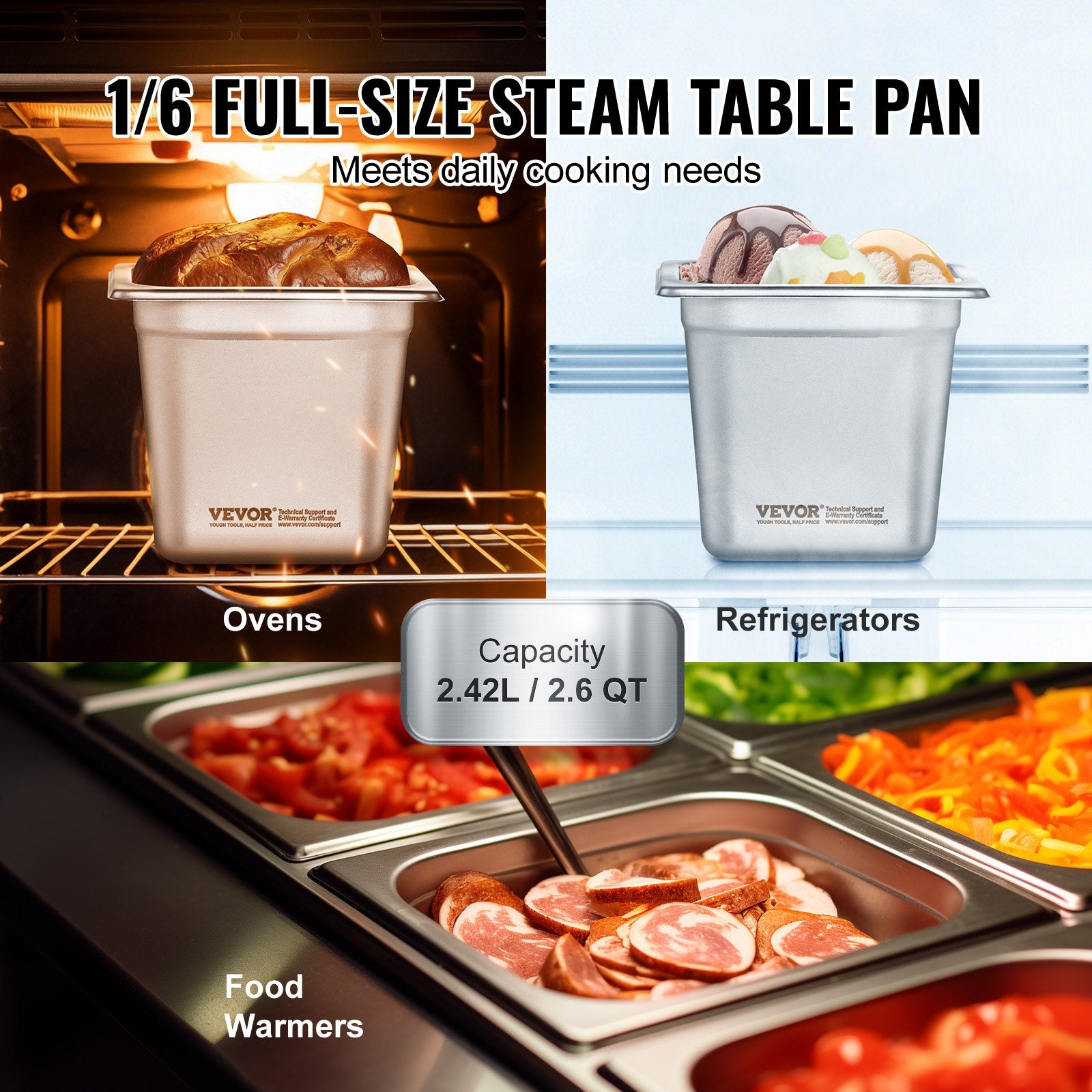 VEVOR 6 Pack Hotel Pans, 1/6  Size Anti-Jam Steam Pan, 0.8mm Thick Stainless Steel Restaurant Steam Table Pan, 6-Inch Deep Commercial Table Pan, Catering Storage Food Pan, for Industrial & Scientific 3