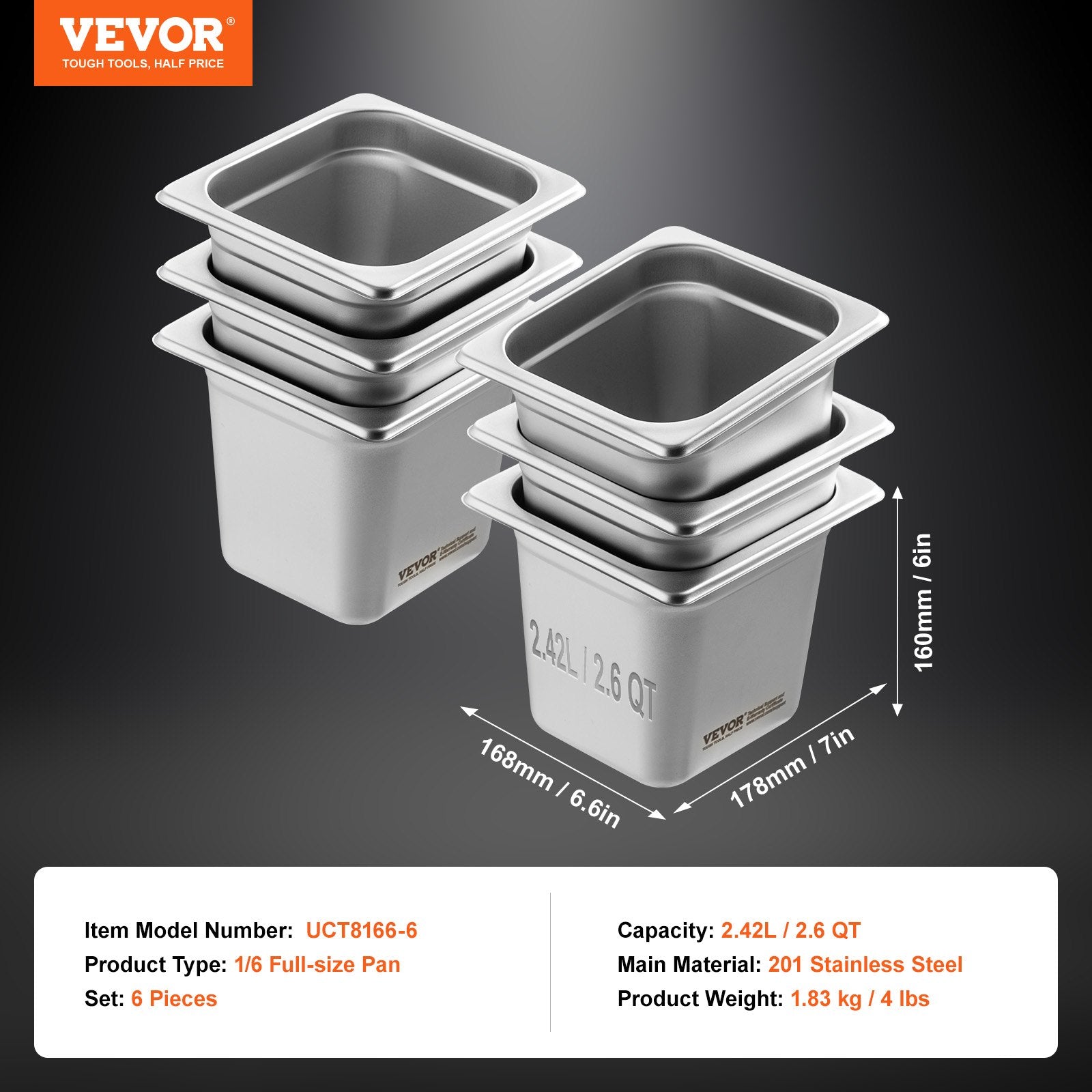 VEVOR 6 Pack Hotel Pans, 1/6  Size Anti-Jam Steam Pan, 0.8mm Thick Stainless Steel Restaurant Steam Table Pan, 6-Inch Deep Commercial Table Pan, Catering Storage Food Pan, for Industrial & Scientific 7
