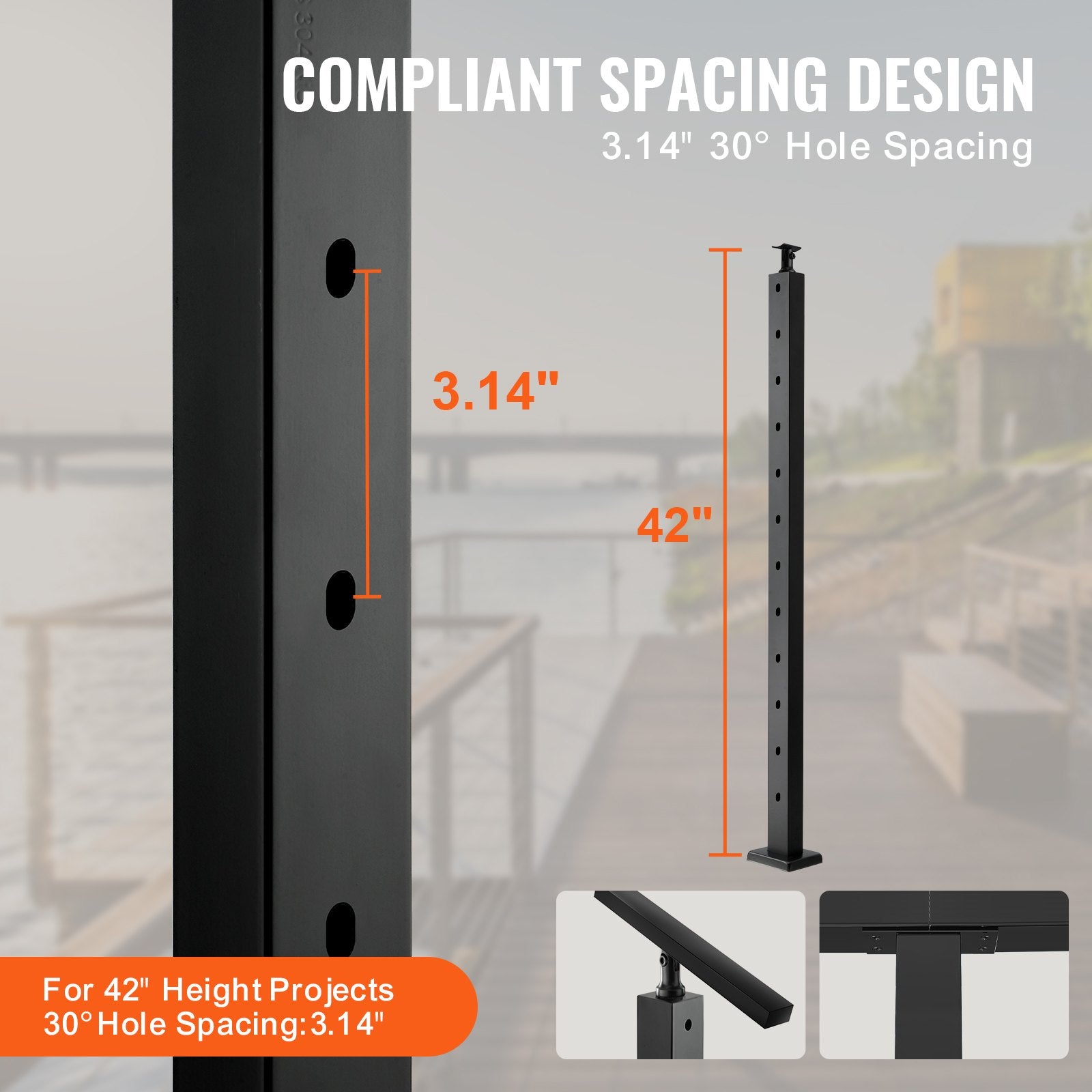 VEVOR Cable Railing Post, 42" x 1" x 2" Steel Angled Hole Stair Railing Post