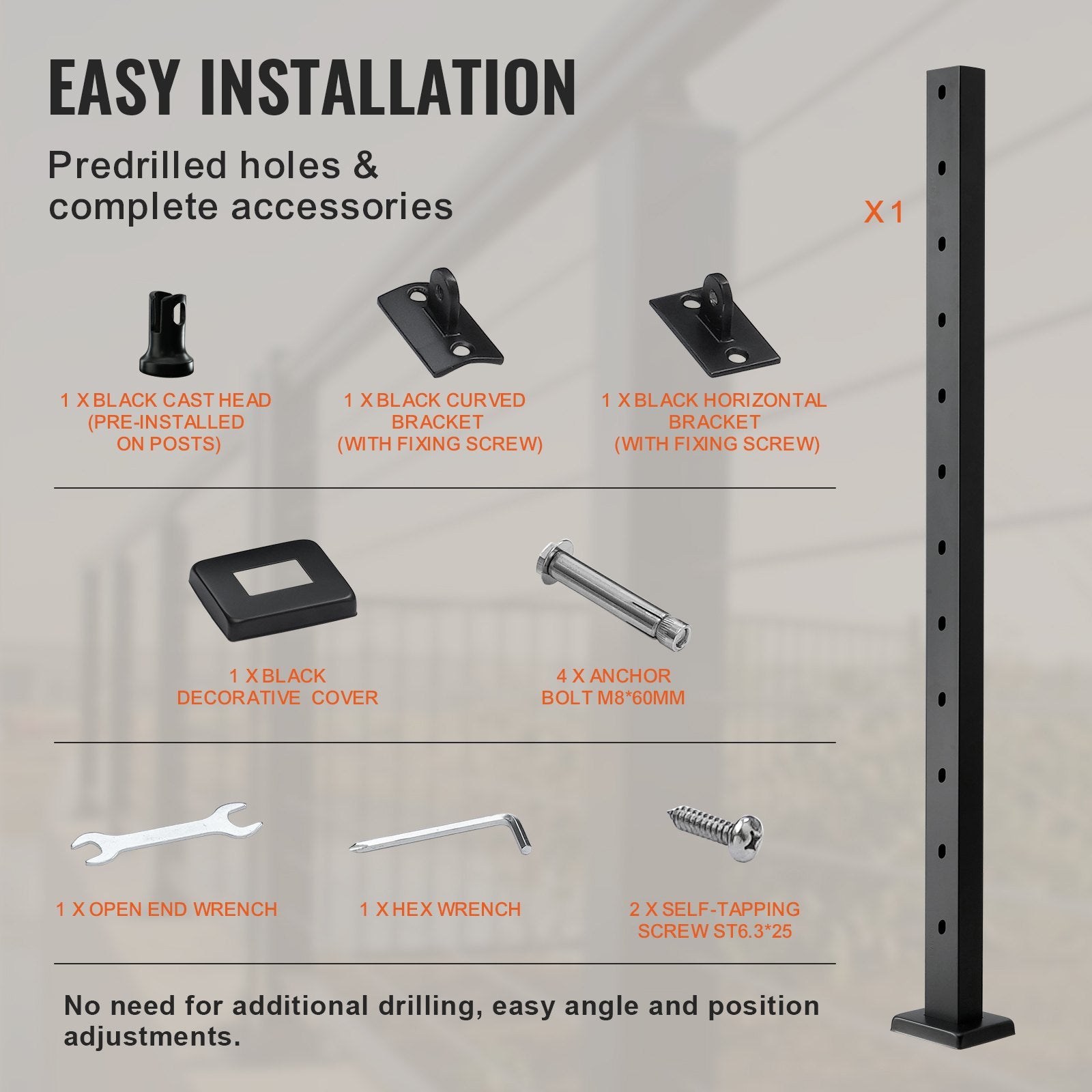 VEVOR Cable Railing Post, 42" x 1" x 2" Steel Angled Hole Stair Railing Post 4
