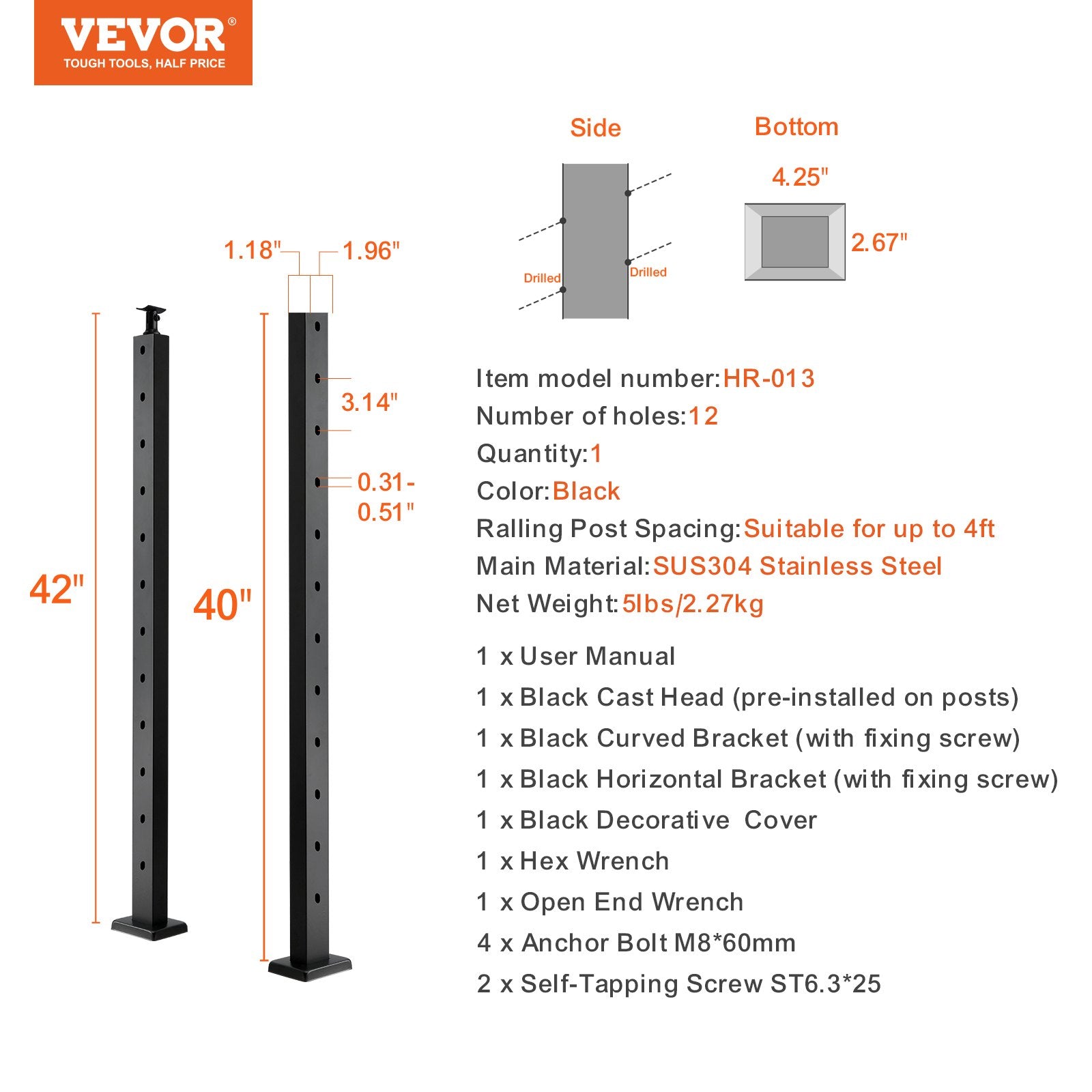 VEVOR Cable Railing Post, 42" x 1" x 2" Steel Angled Hole Stair Railing Post 5