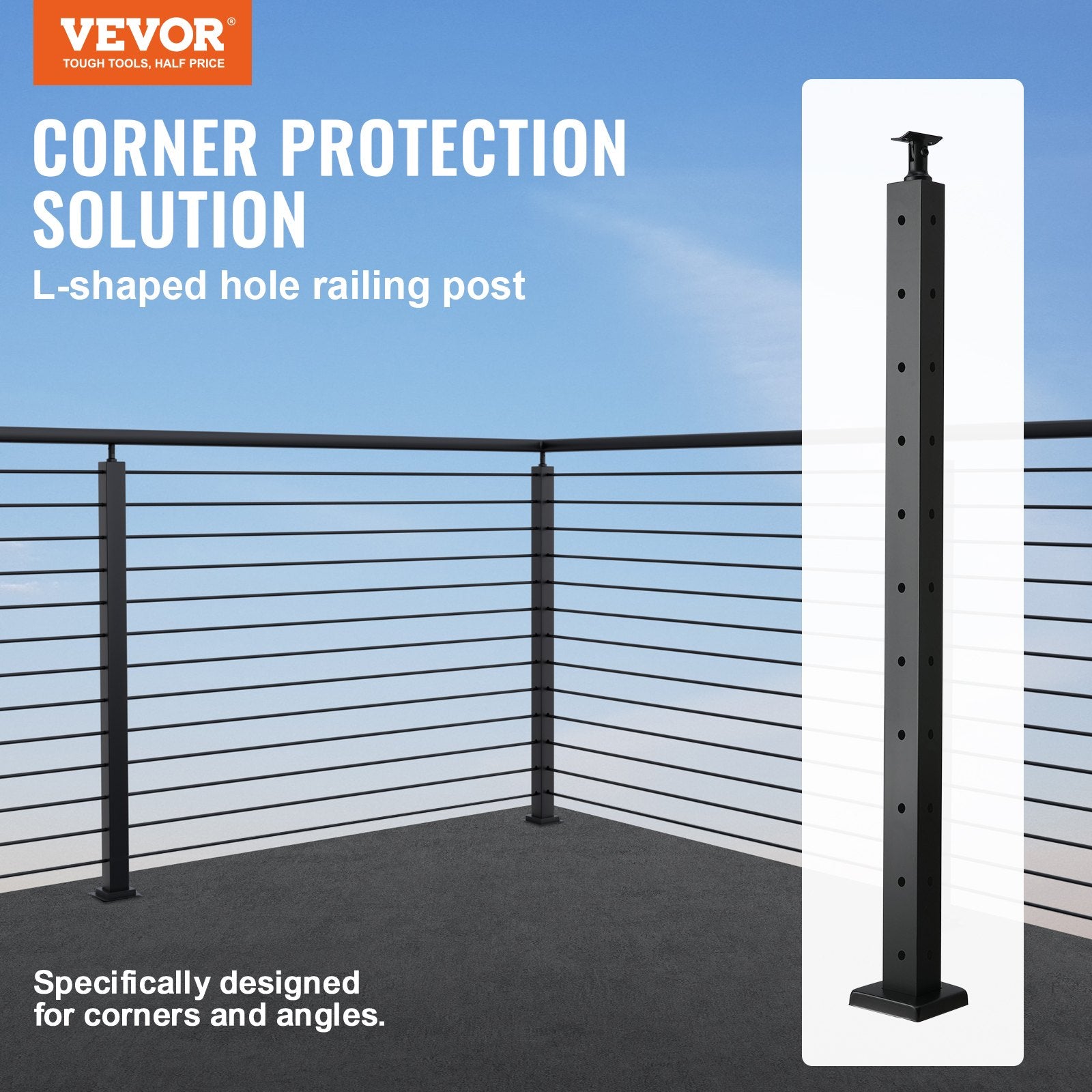 VEVOR Cable Railing Post, 36" x 1" x 2" Steel L-Shaped Hole Corner Railing Post