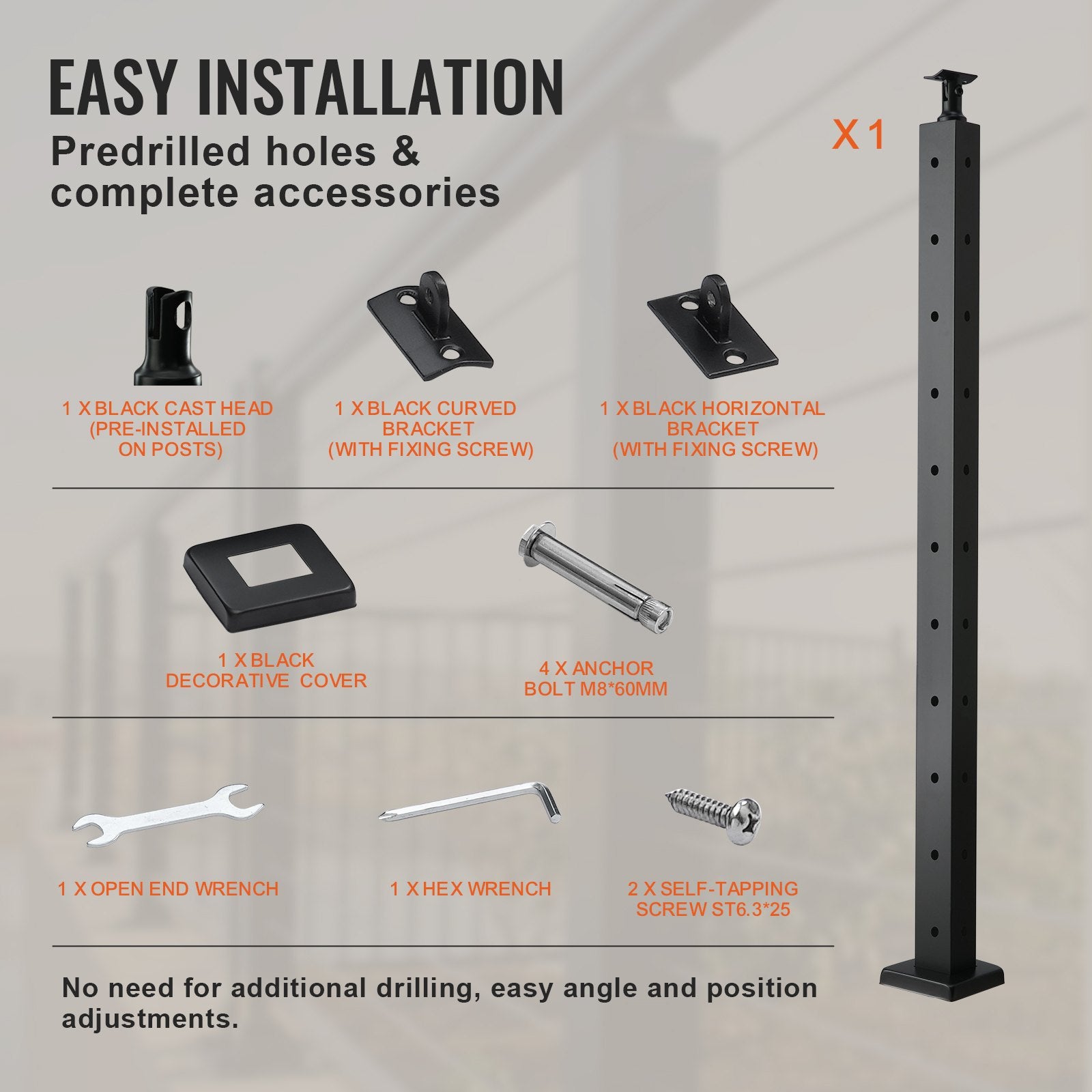 VEVOR Cable Railing Post, 36" x 1" x 2" Steel L-Shaped Hole Corner Railing Post 6