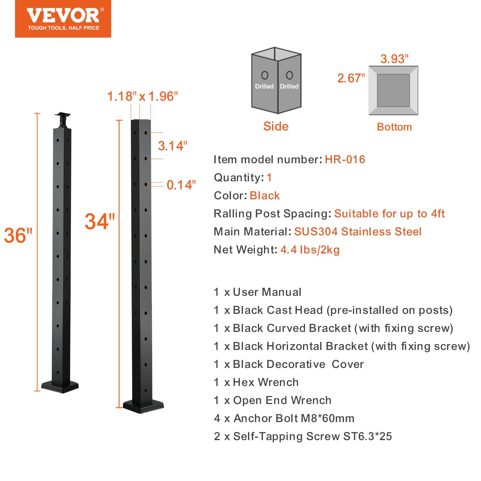 VEVOR Cable Railing Post, 36" x 1" x 2" Steel L-Shaped Hole Corner Railing Post 7