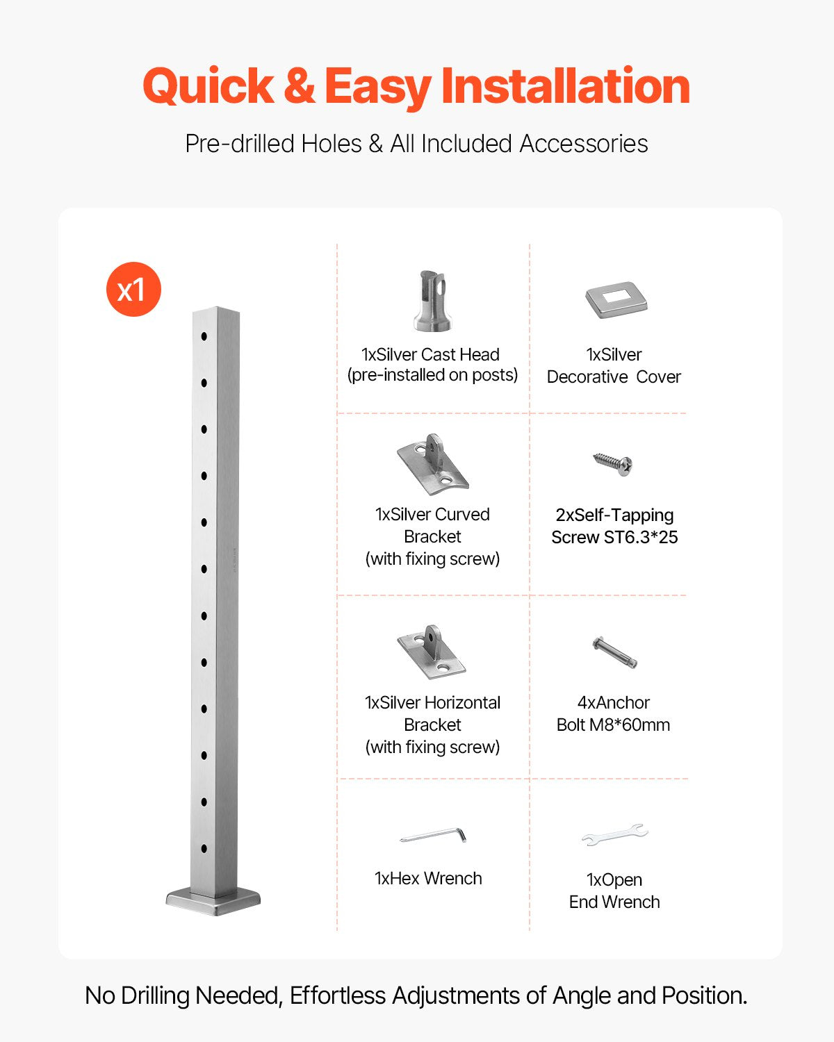 VEVOR Cable Railing Post 42x2x2 Inch Pre-Drilled Post 1JZLGZXYS1061EF8W001V0 6