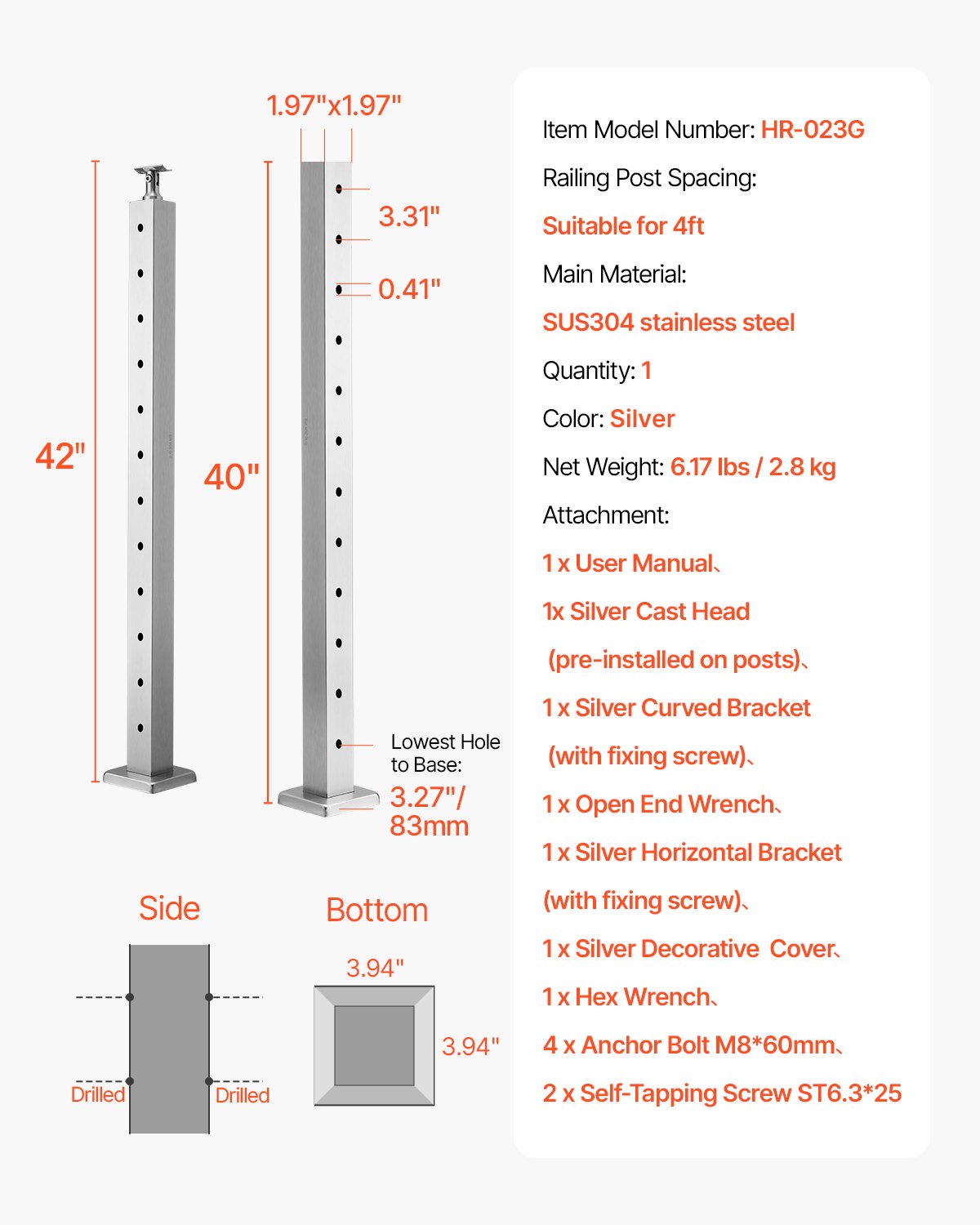 VEVOR Cable Railing Post 42x2x2 Inch Pre-Drilled Post 1JZLGZXYS1061EF8W001V0 7