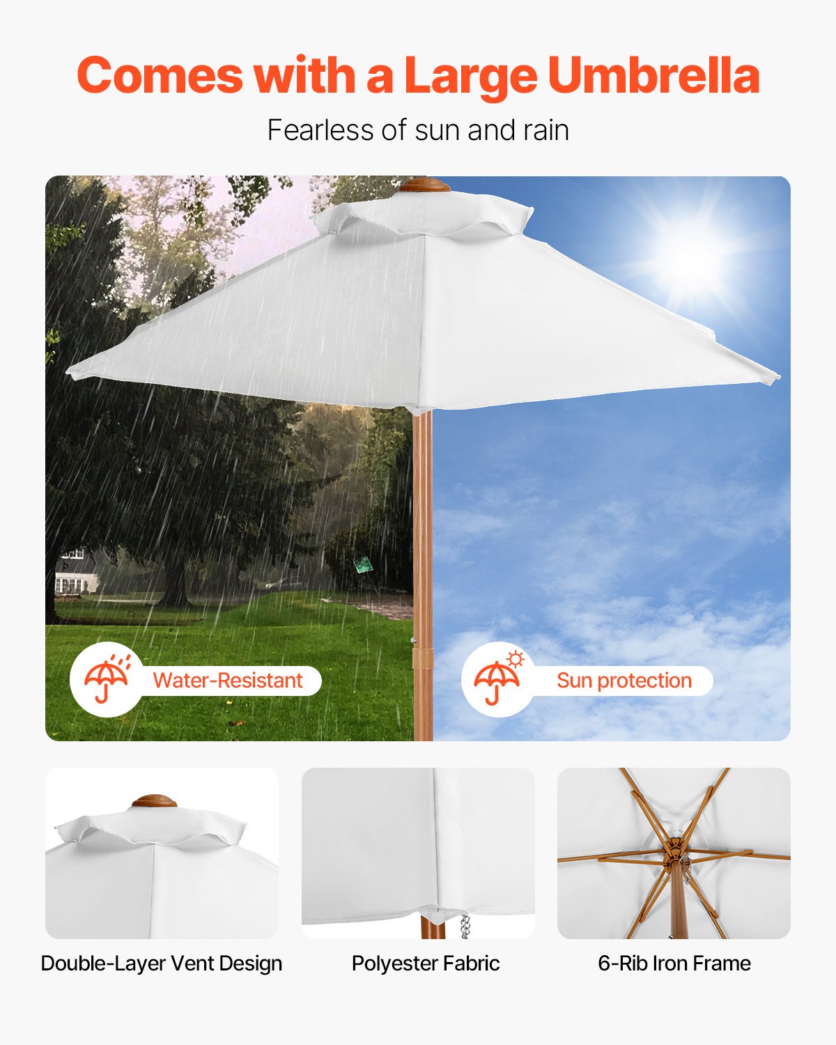 VEVOR Picnic Table Wooden Tables and Bench Set Umbrella Garden Indoor Outdoor 4