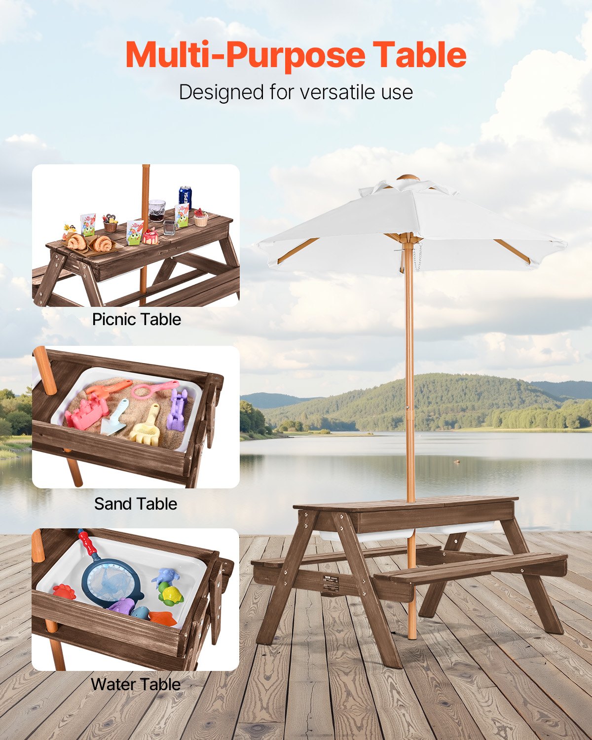 VEVOR Picnic Table Wooden Tables and Bench Set Umbrella Garden Indoor Outdoor 5