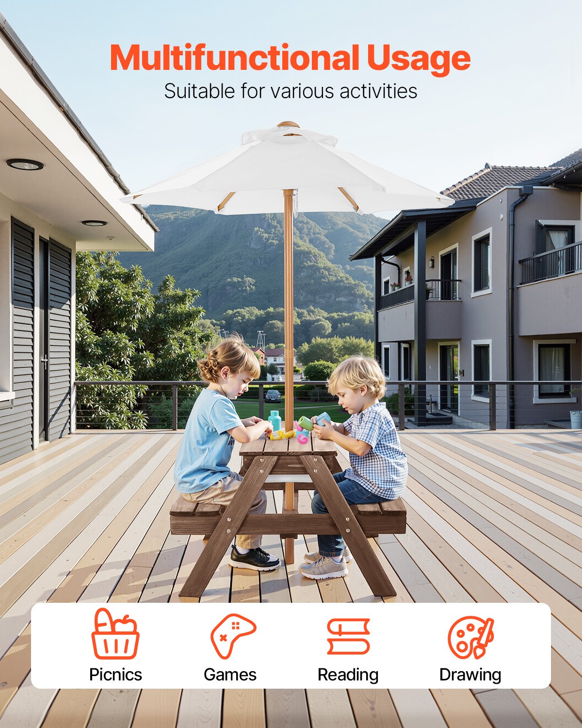 VEVOR Picnic Table Wooden Tables and Bench Set Umbrella Garden Indoor Outdoor 6