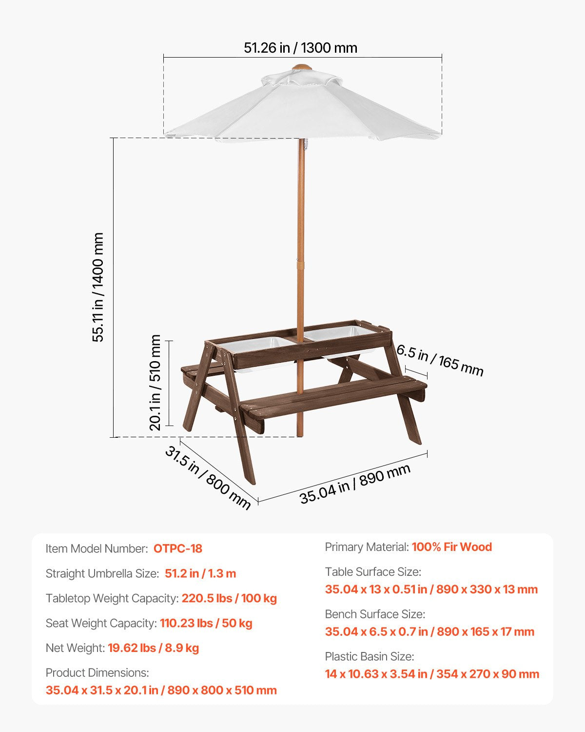 VEVOR Picnic Table Wooden Tables and Bench Set Umbrella Garden Indoor Outdoor 7