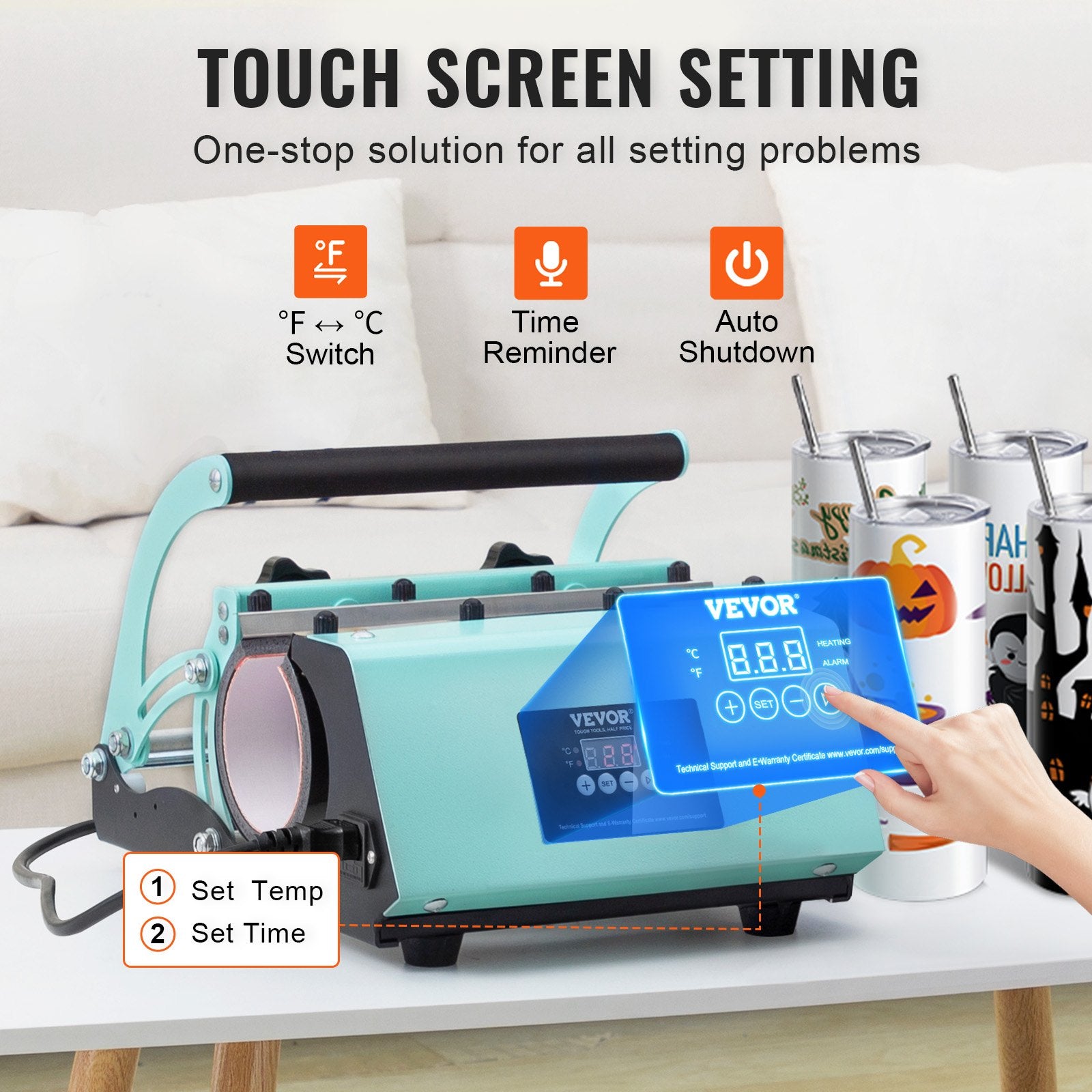 VEVOR Tumbler Heat Press Machine and Sublimation Tumblers, Tumbler Press Set with 8pcs 20OZ Blank Tumblers, Mug Press Cup Press for 11-30oz Tumblers Mug, with Heat Transfer Paper, Gloves, Tape 3