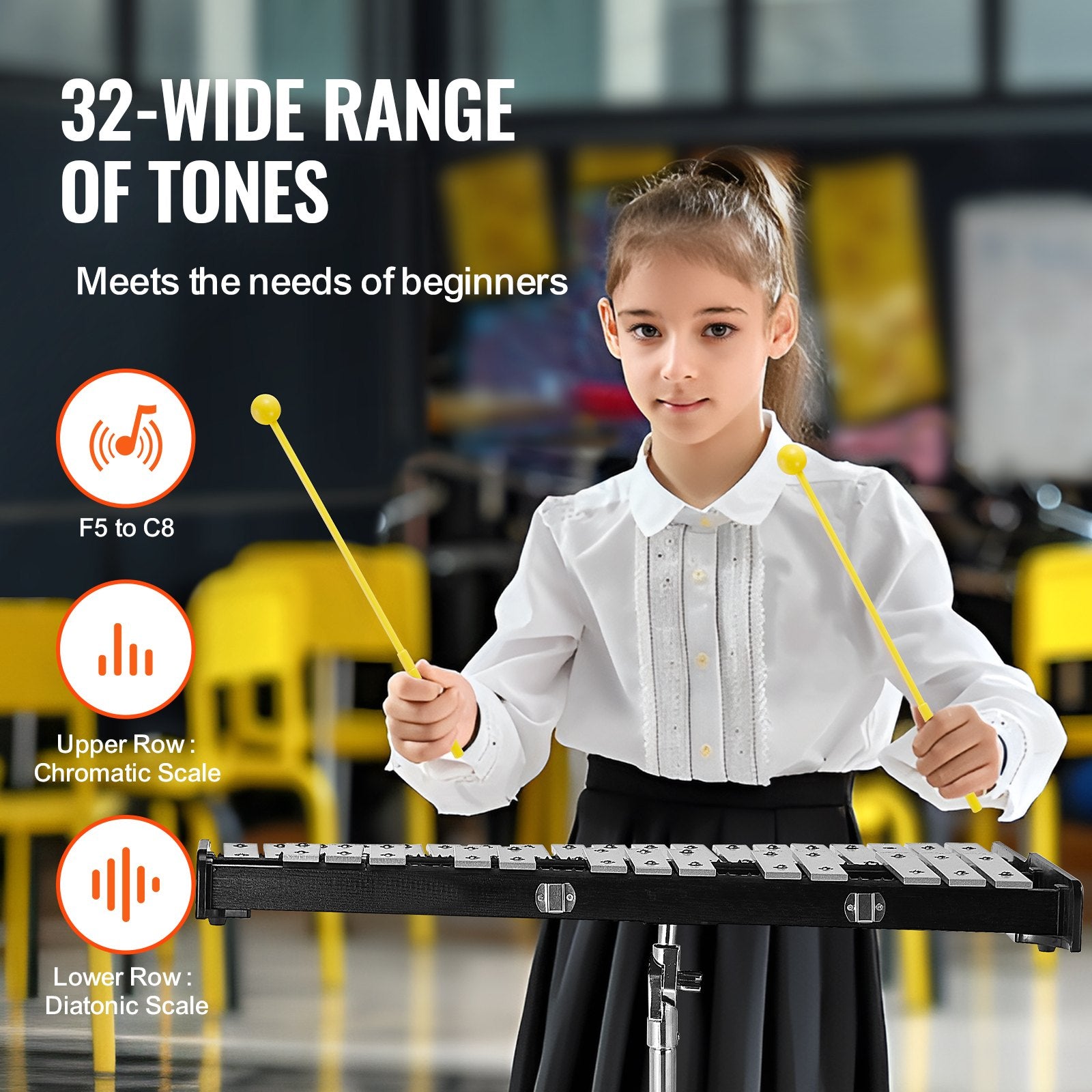 VEVOR 32 Note Glockenspiel Xylophone Bell Kit, Professional Percussion Instrument Set with Mallets, Drum Sticks, Music Stand, Adjustable Stand and Carrying Bag for Students & Adults 3