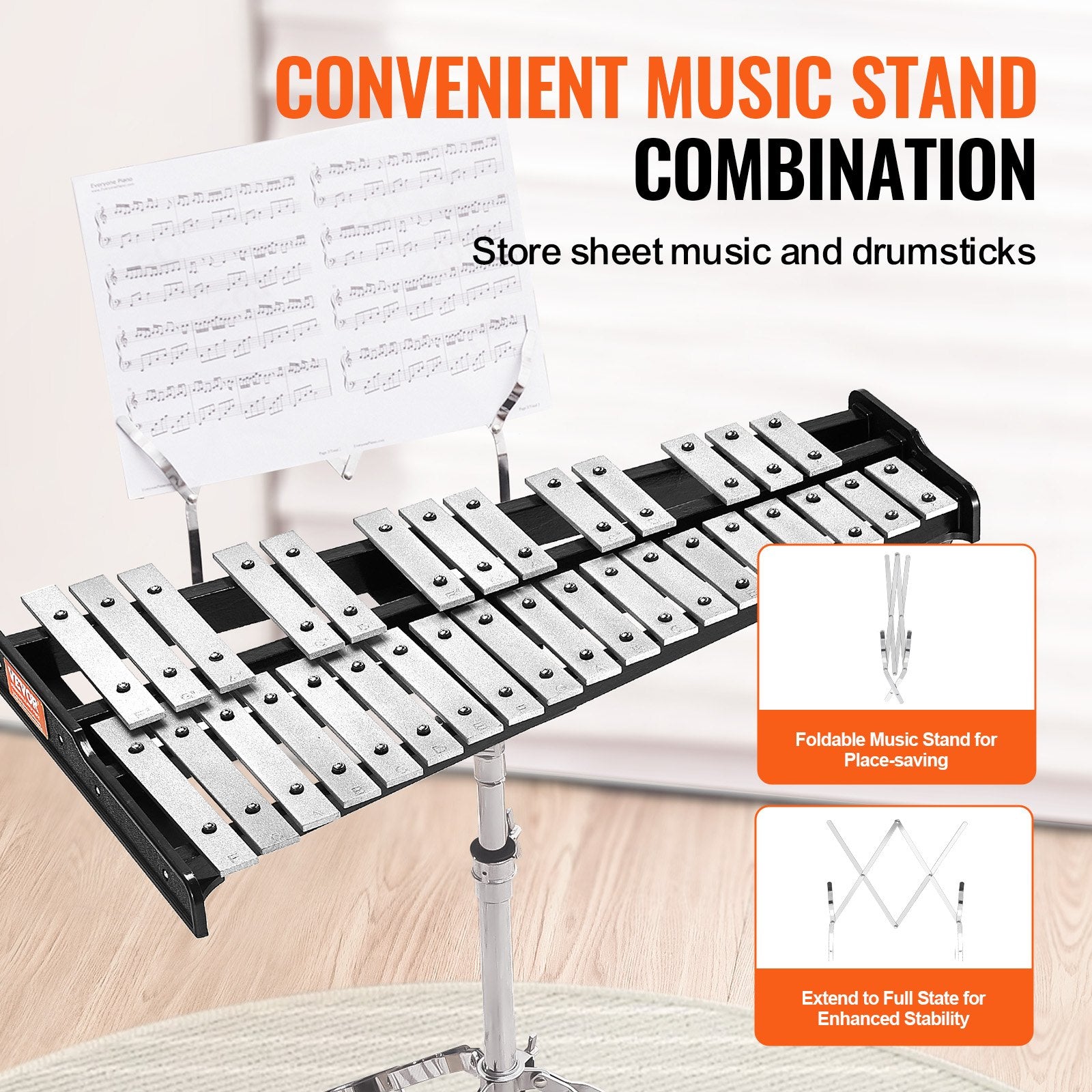 VEVOR 32 Note Glockenspiel Xylophone Bell Kit, Professional Percussion Instrument Set with Mallets, Drum Sticks, Music Stand, Adjustable Stand and Carrying Bag for Students & Adults 5