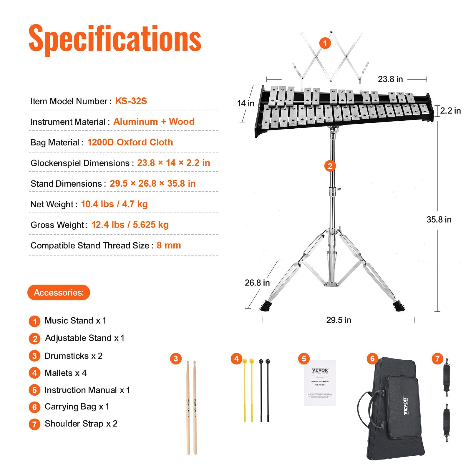 VEVOR 32 Note Glockenspiel Xylophone Bell Kit, Professional Percussion Instrument Set with Mallets, Drum Sticks, Music Stand, Adjustable Stand and Carrying Bag for Students & Adults 7