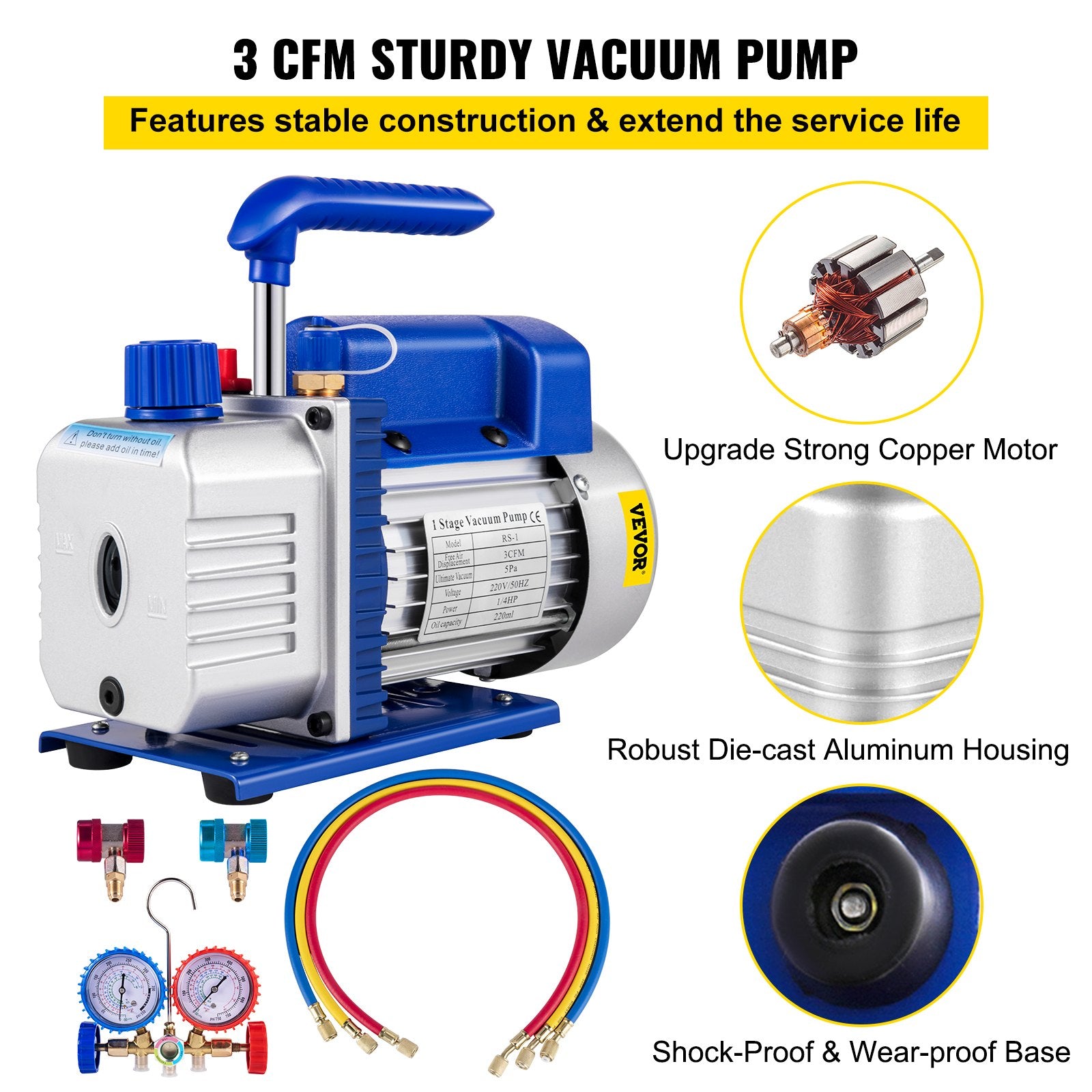 VEVOR 3CFM 84 L/M 1-Stage, Refrigerant Vacuum Pump Refrigeration Gauges A/C Air Conditioning 1440 RPM 1/4 HP, 3 pcs hoses 800 PSI Refrigeration Gauges 3