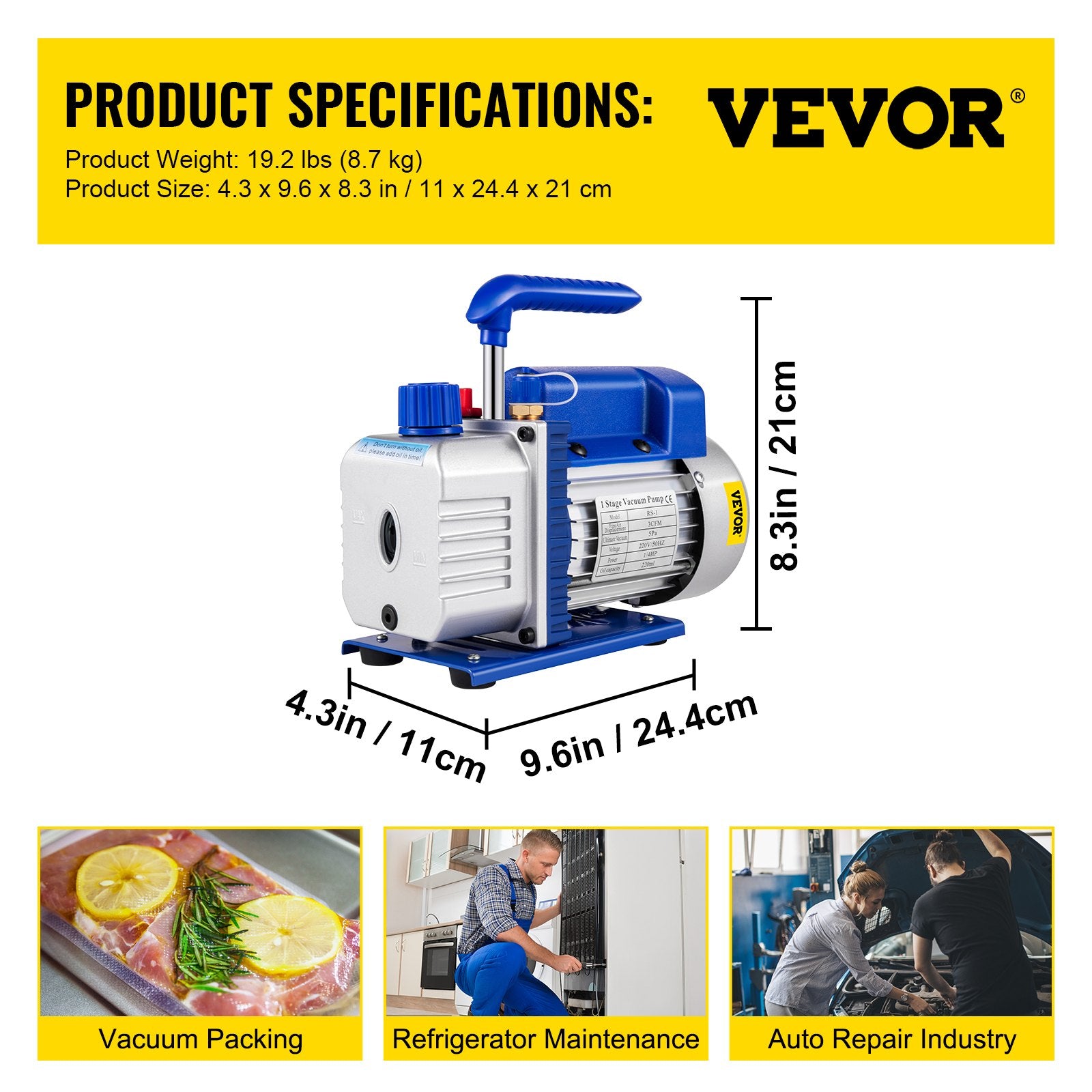 VEVOR 3CFM 84 L/M 1-Stage, Refrigerant Vacuum Pump Refrigeration Gauges A/C Air Conditioning 1440 RPM 1/4 HP, 3 pcs hoses 800 PSI Refrigeration Gauges 7