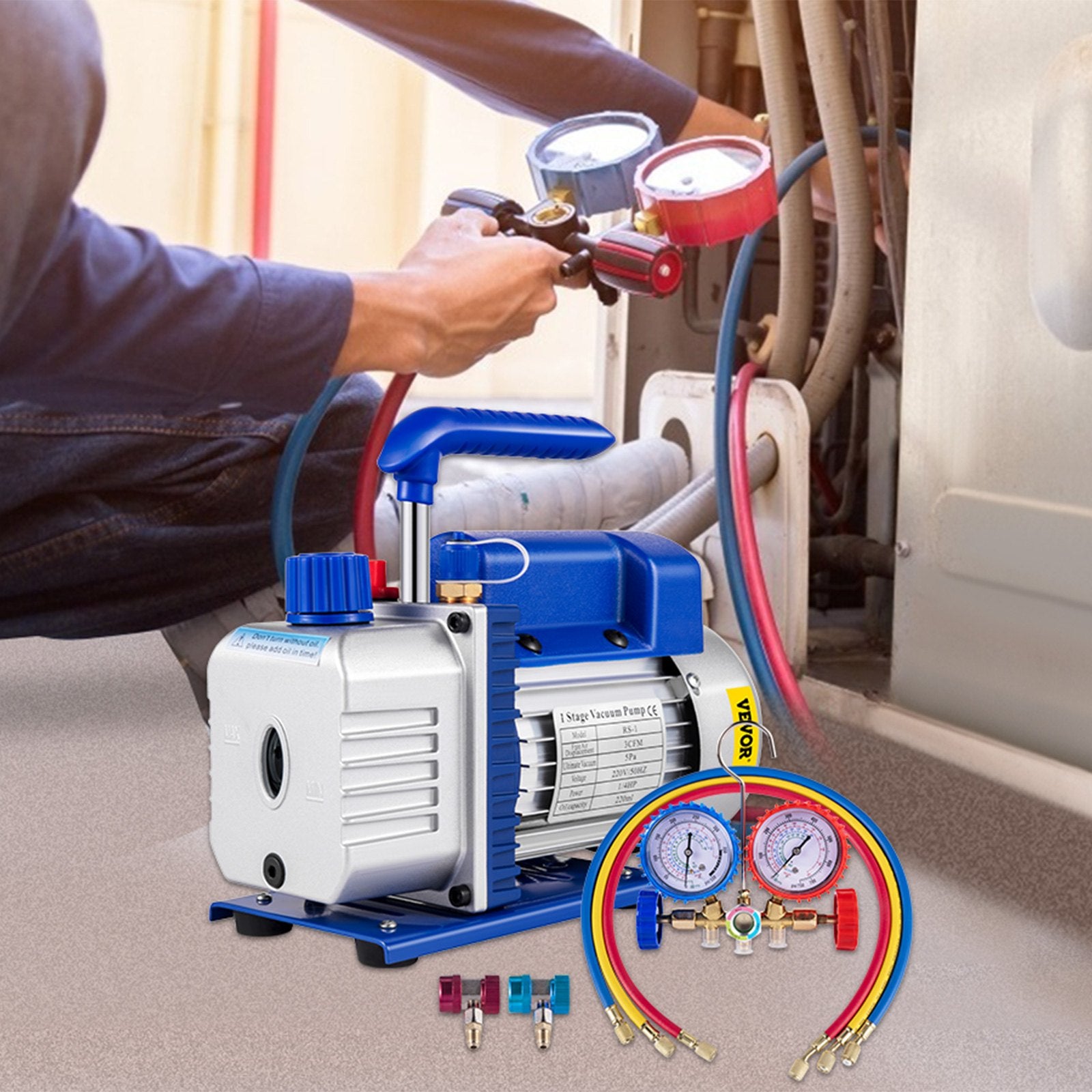 VEVOR 3CFM 84 L/M 1-Stage, Refrigerant Vacuum Pump Refrigeration Gauges A/C Air Conditioning 1440 RPM 1/4 HP, 3 pcs hoses 800 PSI Refrigeration Gauges 8