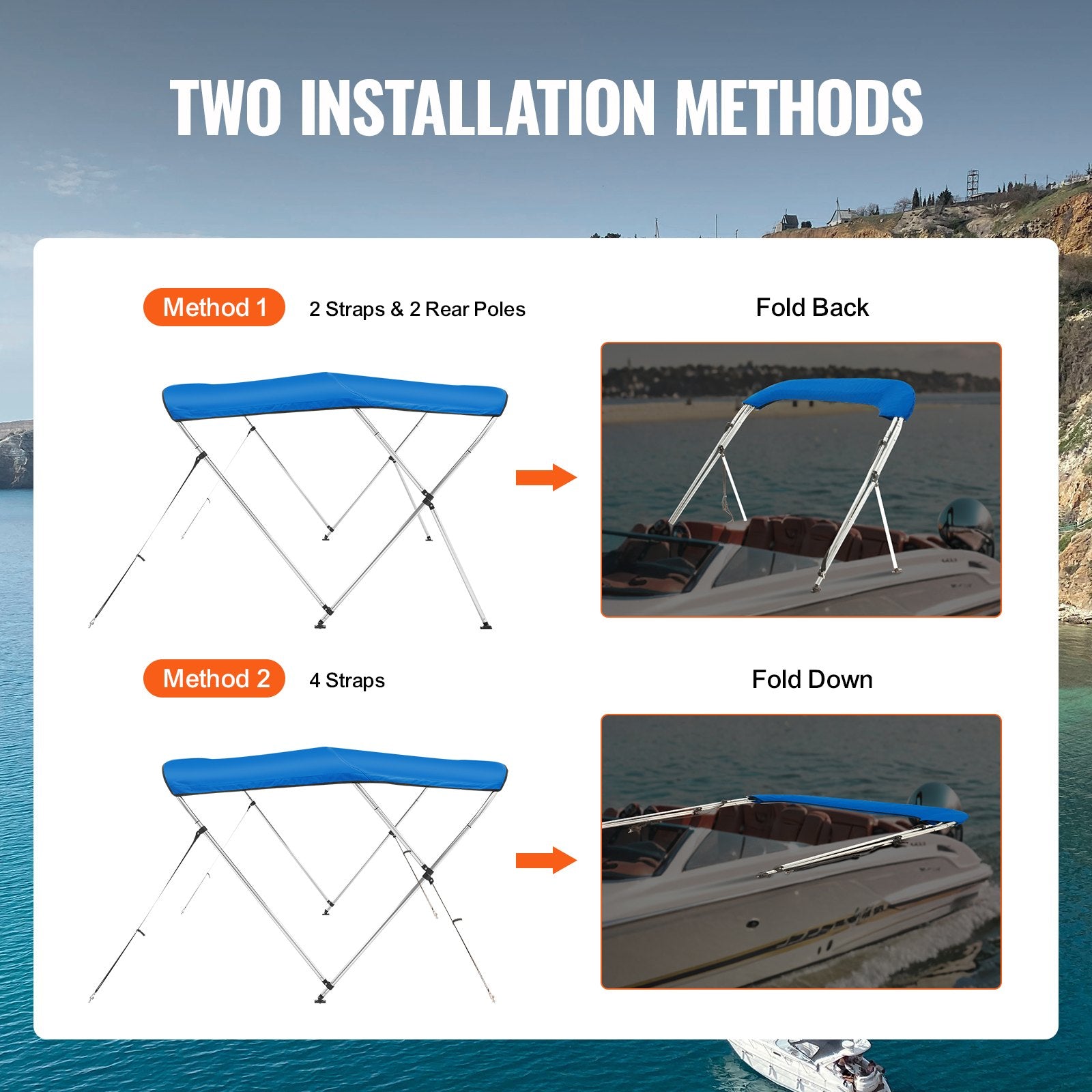 VEVOR 3 Bow Bimini Top Boat Cover, 900D Polyester Canopy with 1" Aluminum Alloy Frame, Waterproof and Sun Shade, Includes Storage Boot, 2 Support Poles, 4 Straps, 6'L x 46"H x 54"-60"W, Pacific Blue 3