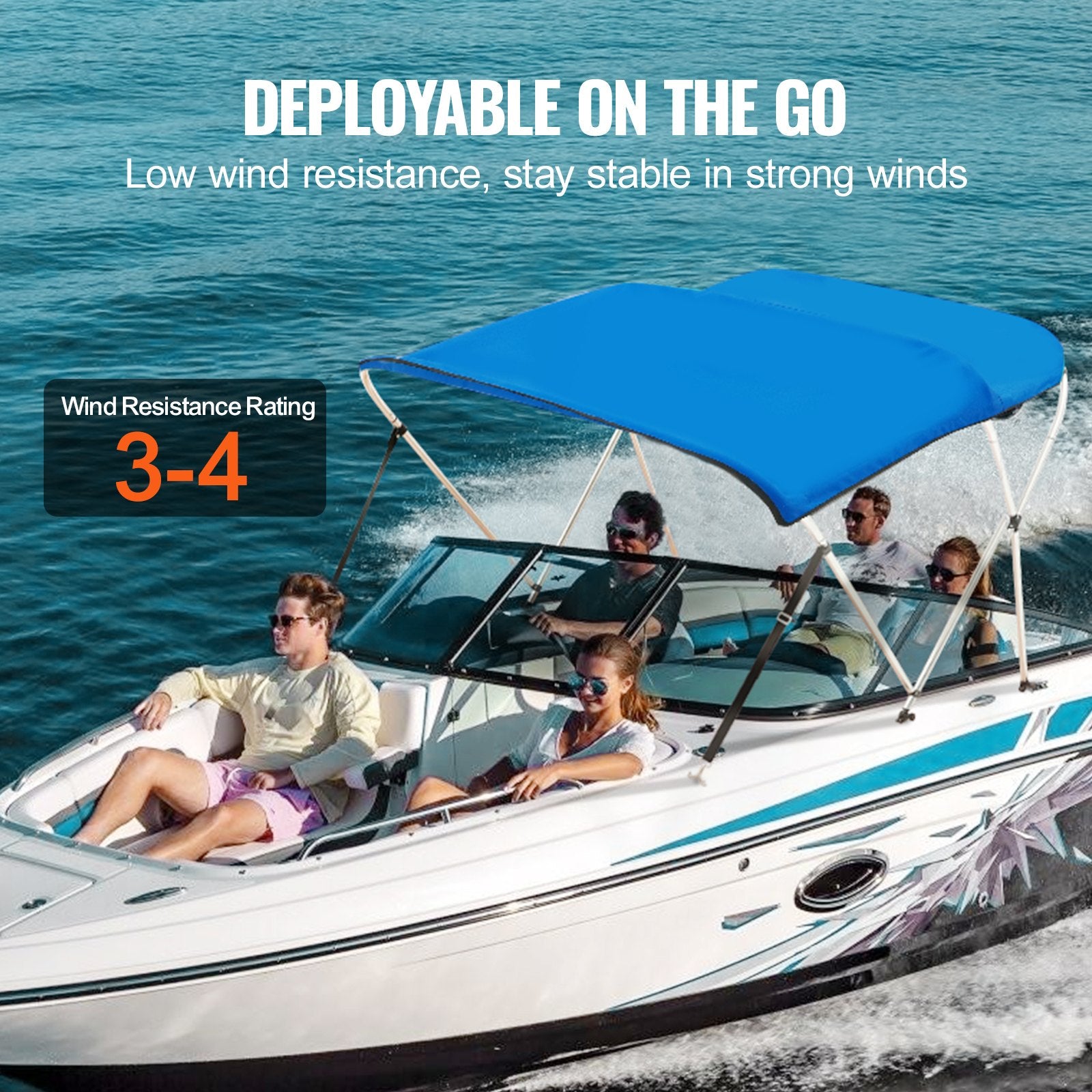 VEVOR 3 Bow Bimini Top Boat Cover, 900D Polyester Canopy with 1" Aluminum Alloy Frame, Waterproof and Sun Shade, Includes Storage Boot, 2 Support Poles, 4 Straps, 6'L x 46"H x 54"-60"W, Pacific Blue 4