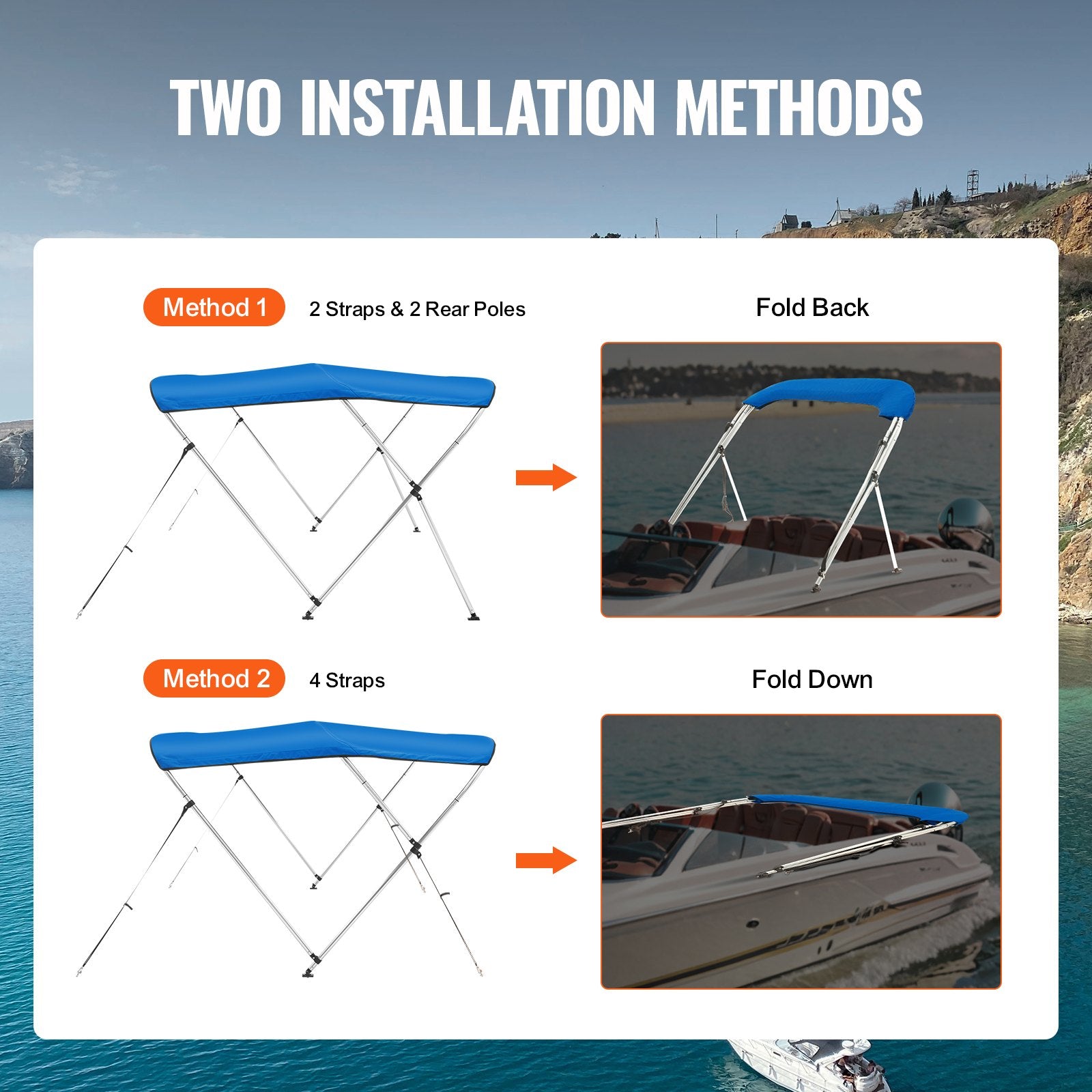 VEVOR 3 Bow Bimini Top Boat Cover, 900D Polyester Canopy with 1" Aluminum Alloy Frame, Waterproof and Sun Shade, Includes Storage Boot, 2 Support Poles, 4 Straps, 6'L x 46"H x 61"-66"W, Pacific Blue 3