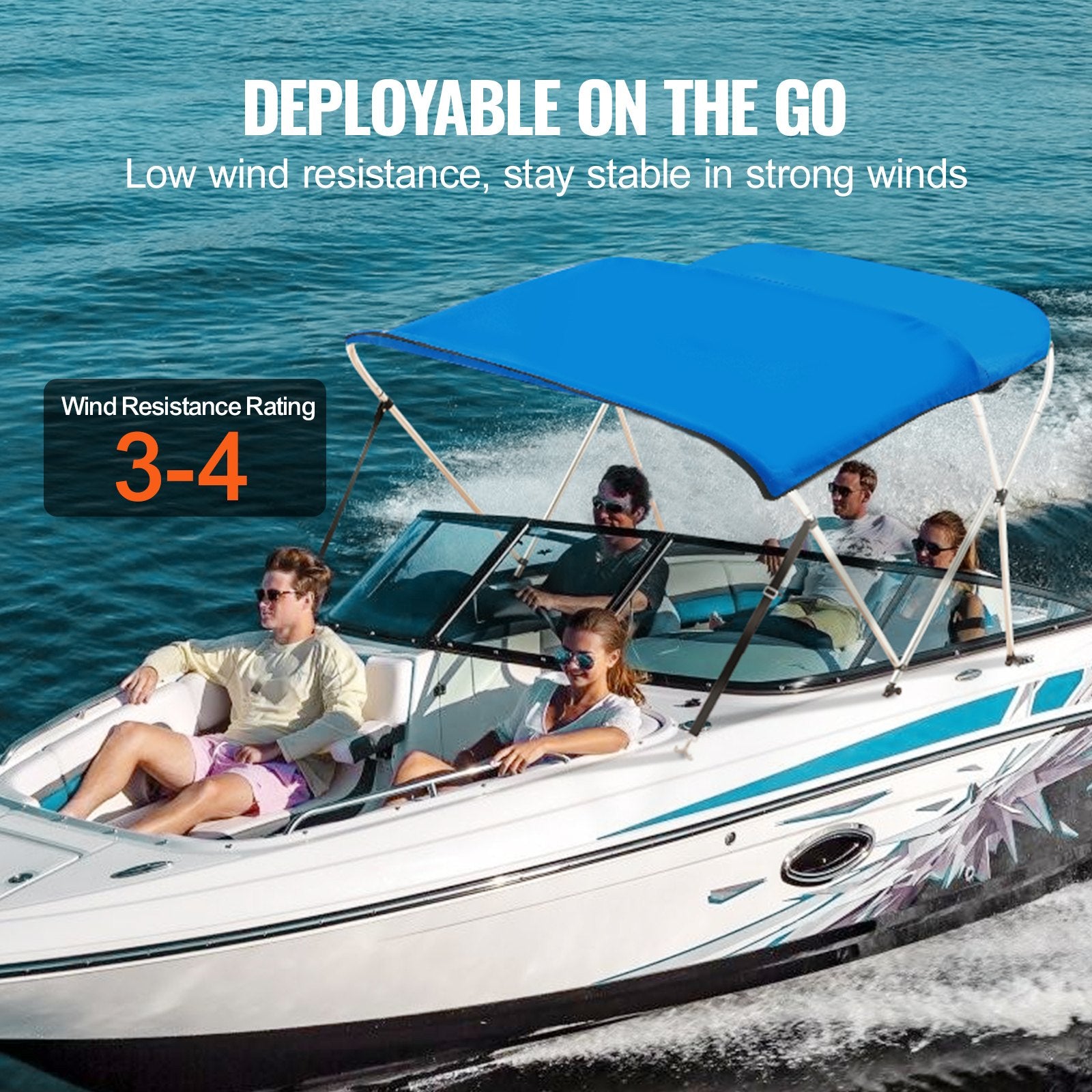 VEVOR 3 Bow Bimini Top Boat Cover, 900D Polyester Canopy with 1" Aluminum Alloy Frame, Waterproof and Sun Shade, Includes Storage Boot, 2 Support Poles, 4 Straps, 6'L x 46"H x 61"-66"W, Pacific Blue 4