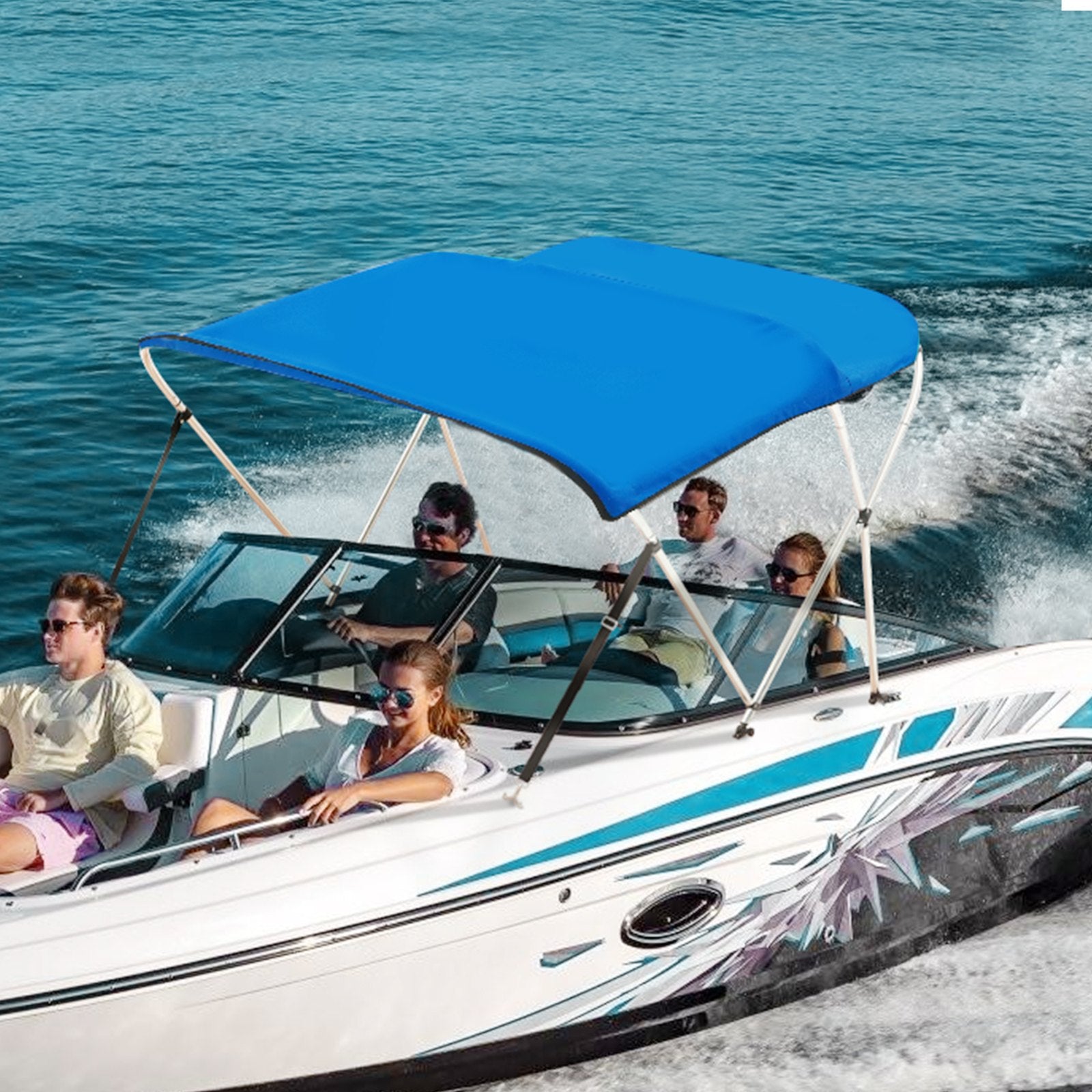 VEVOR 3 Bow Bimini Top Boat Cover, 900D Polyester Canopy with 1" Aluminum Alloy Frame, Waterproof and Sun Shade, Includes Storage Boot, 2 Support Poles, 4 Straps, 6'L x 46"H x 61"-66"W, Pacific Blue 8
