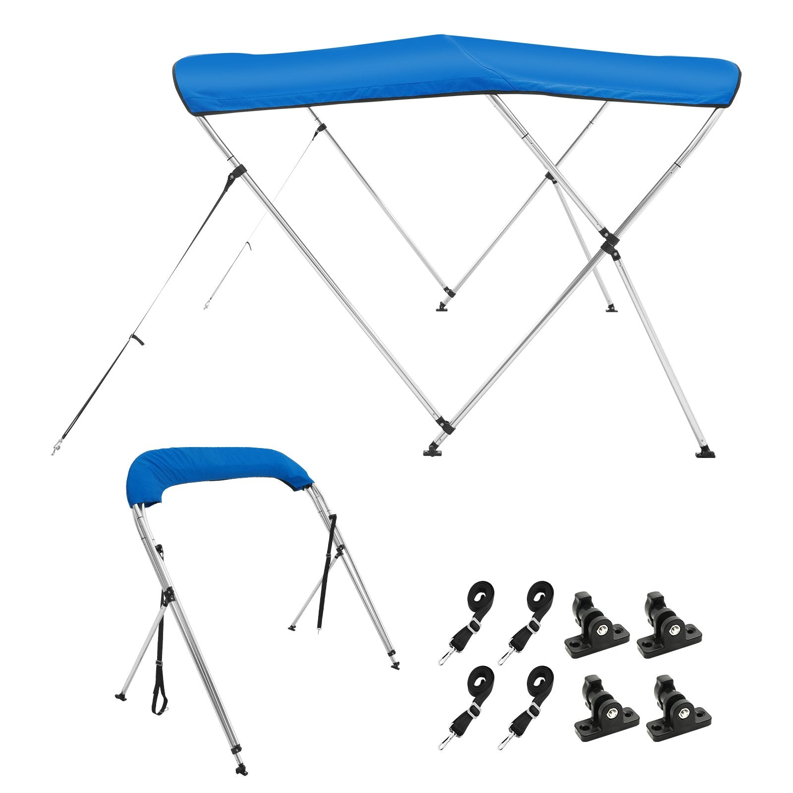 VEVOR 3 Bow Bimini Top Boat Cover, 900D Polyester Canopy with 1" Aluminum Alloy Frame, Waterproof and Sun Shade, Includes Storage Boot, 2 Support Poles, 4 Straps, 6'L x 46"H x 61"-66"W, Pacific Blue 9