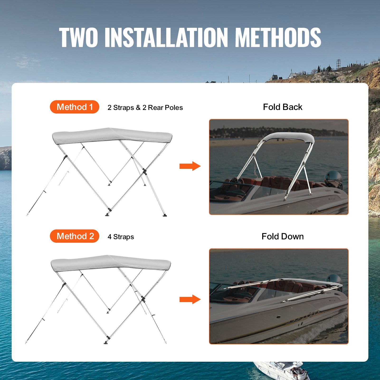 VEVOR 3 Bow Bimini Top Boat Cover, 900D Polyester Canopy with 1" Aluminum Alloy Frame, Waterproof and Sun Shade, Includes Storage Boot, 2 Support Poles, 4 Straps, 6'L x 46"H x 67"-72"W, Light Grey 3