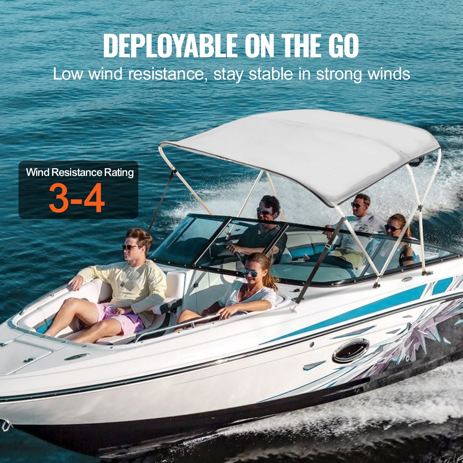 VEVOR 3 Bow Bimini Top Boat Cover, 900D Polyester Canopy with 1" Aluminum Alloy Frame, Waterproof and Sun Shade, Includes Storage Boot, 2 Support Poles, 4 Straps, 6'L x 46"H x 67"-72"W, Light Grey 4
