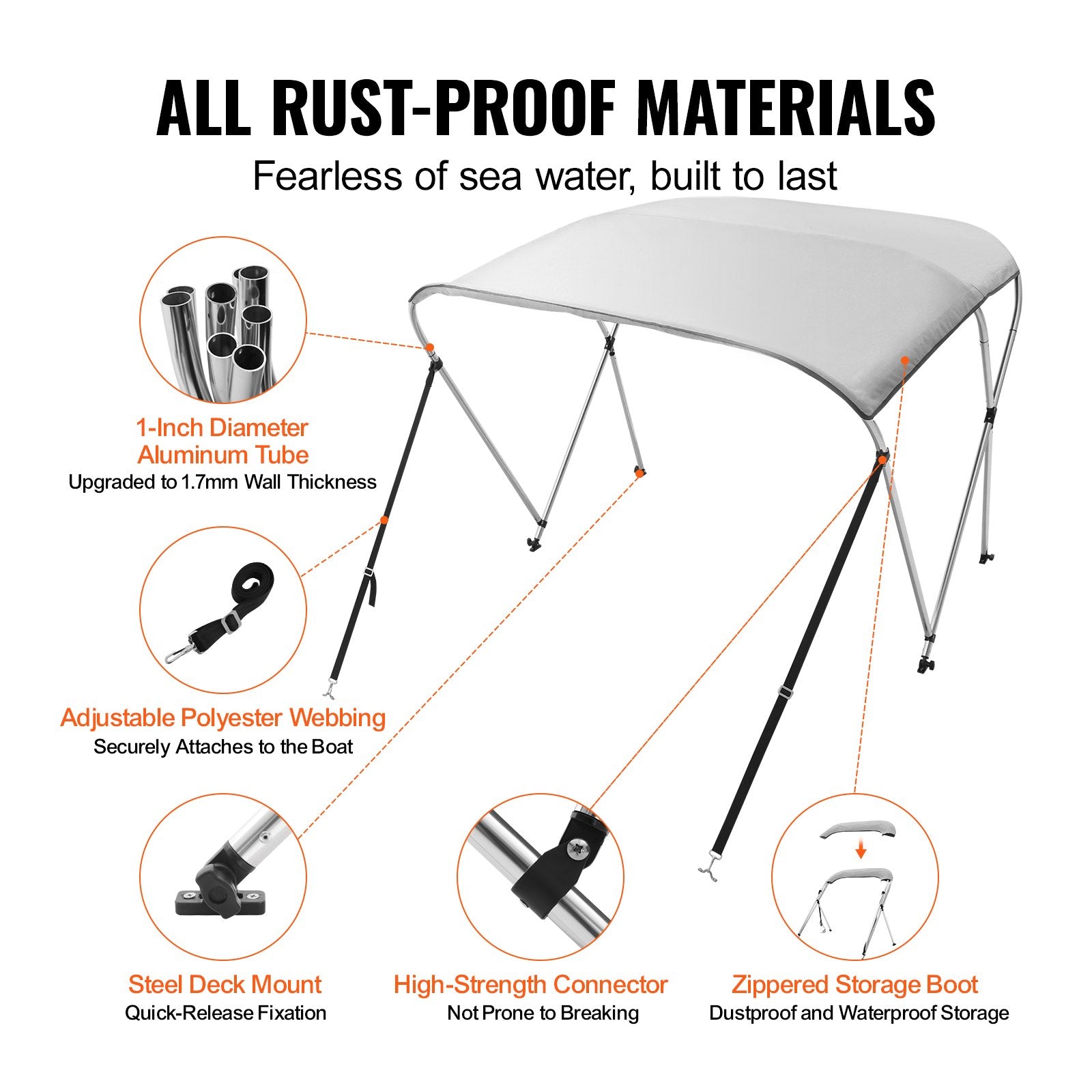 VEVOR 3 Bow Bimini Top Boat Cover, 900D Polyester Canopy with 1" Aluminum Alloy Frame, Waterproof and Sun Shade, Includes Storage Boot, 2 Support Poles, 4 Straps, 6'L x 46"H x 67"-72"W, Light Grey 5