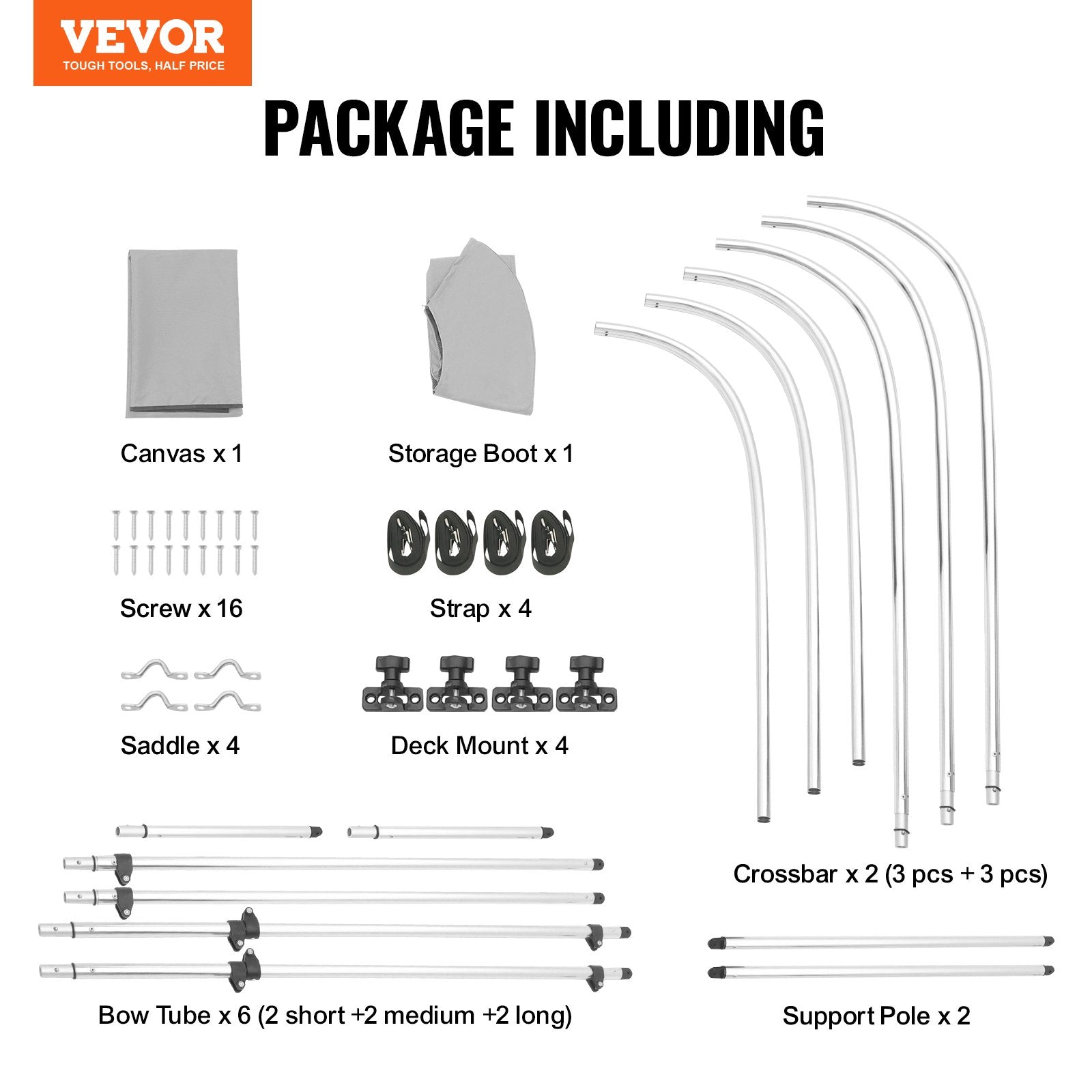 VEVOR 3 Bow Bimini Top Boat Cover, 900D Polyester Canopy with 1" Aluminum Alloy Frame, Waterproof and Sun Shade, Includes Storage Boot, 2 Support Poles, 4 Straps, 6'L x 46"H x 67"-72"W, Light Grey 7