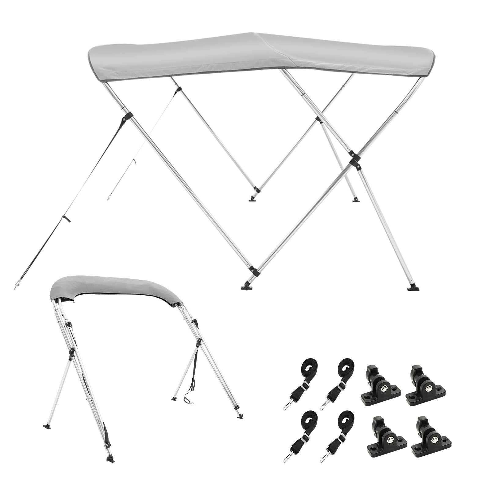 VEVOR 3 Bow Bimini Top Boat Cover, 900D Polyester Canopy with 1" Aluminum Alloy Frame, Waterproof and Sun Shade, Includes Storage Boot, 2 Support Poles, 4 Straps, 6'L x 46"H x 67"-72"W, Light Grey 9