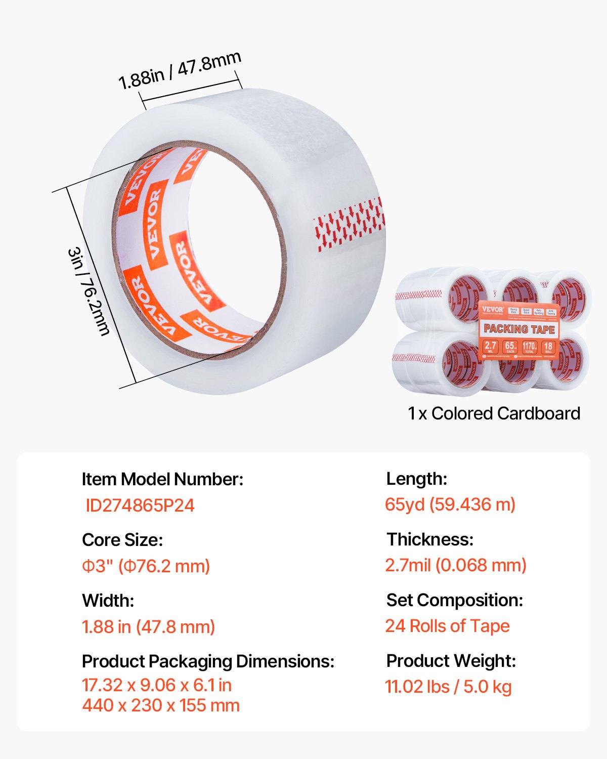 VEVOR Packing Tape 18 Rolls 65 Yards Heavy Duty Clear Packing Tapes 2.7 Mil 7