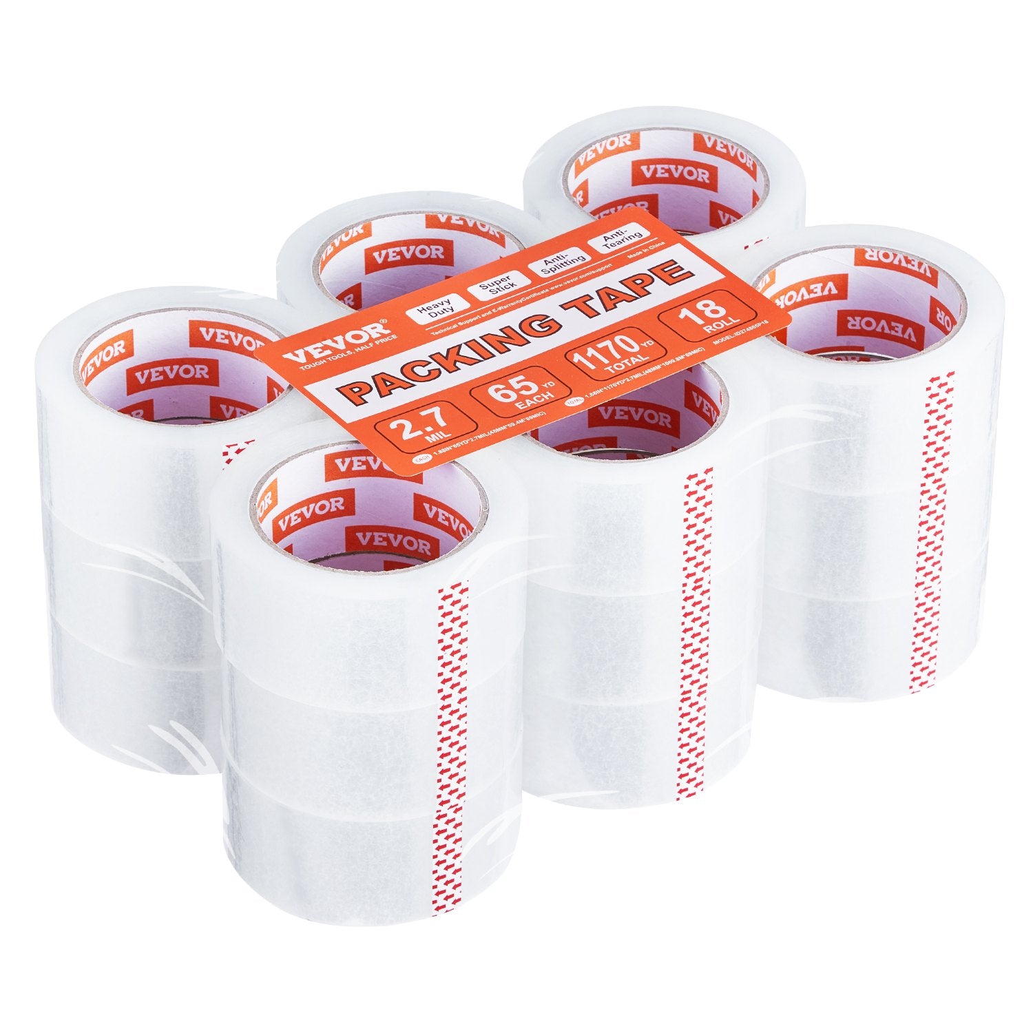 VEVOR Packing Tape 18 Rolls 65 Yards Heavy Duty Clear Packing Tapes 2.7 Mil 10