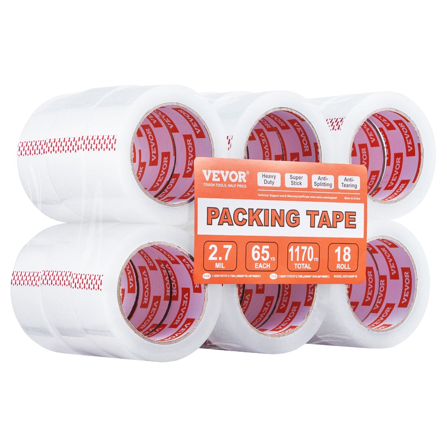 VEVOR Packing Tape 18 Rolls 65 Yards Heavy Duty Clear Packing Tapes 2.7 Mil 11