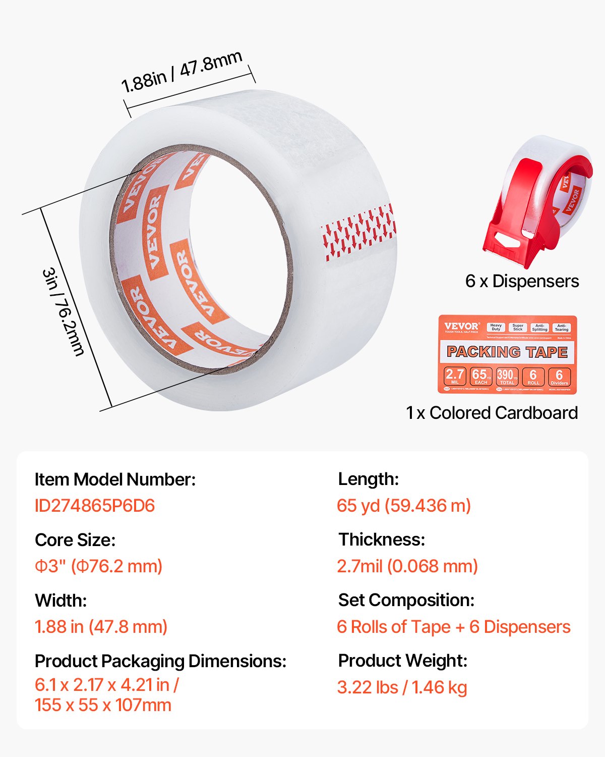 VEVOR Packing Tape 6 Rolls 65 Yards Clear Shipping Tape with Dispenser 2.7 Mil 7